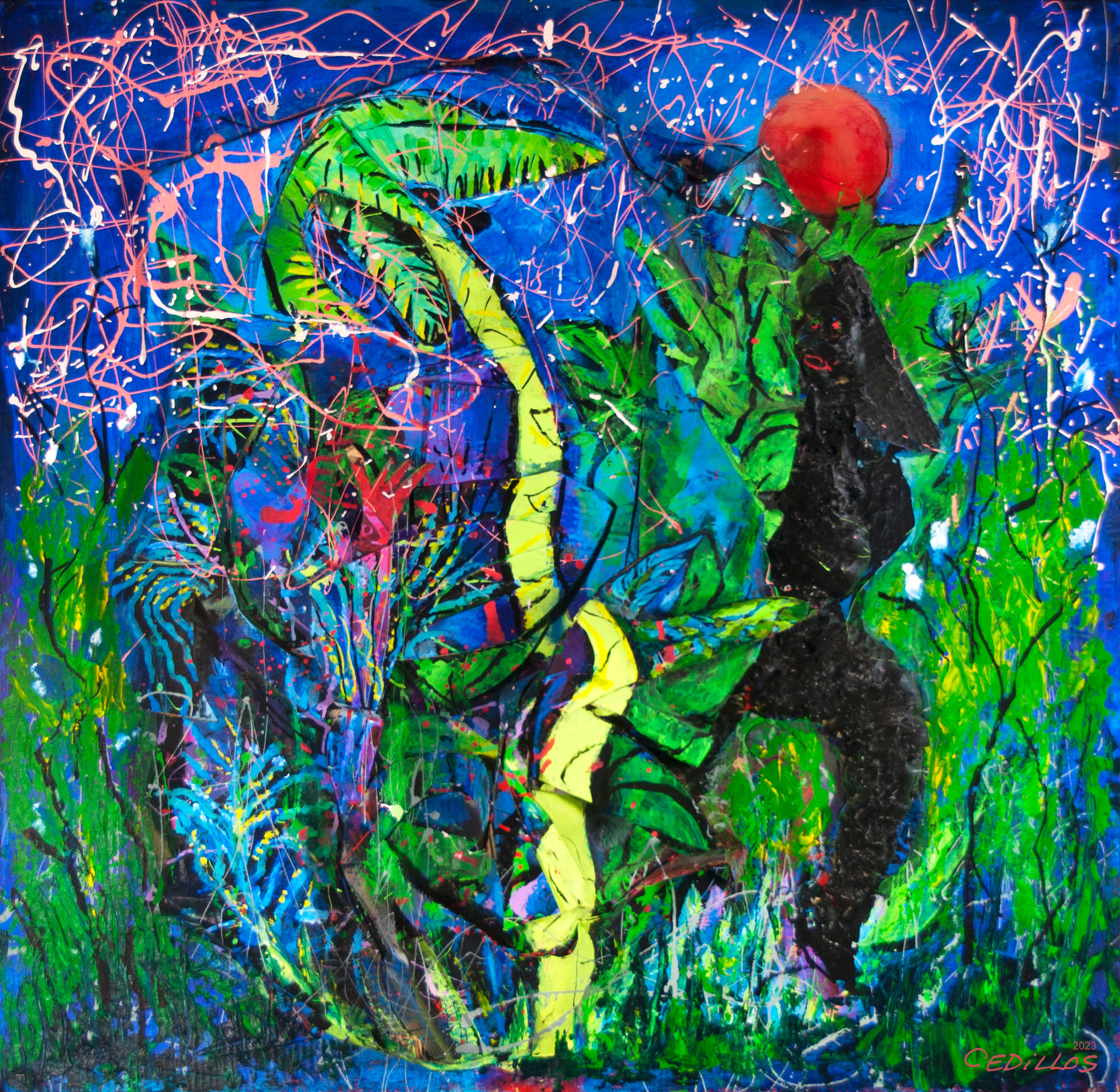 "Black Magic Woman" 2020, construction, latex, acrylic, oil paints, spray enamels, foam cement, terra cotta markers, cardboard pieces, on corrugated cardboard, 49" w x 49" h