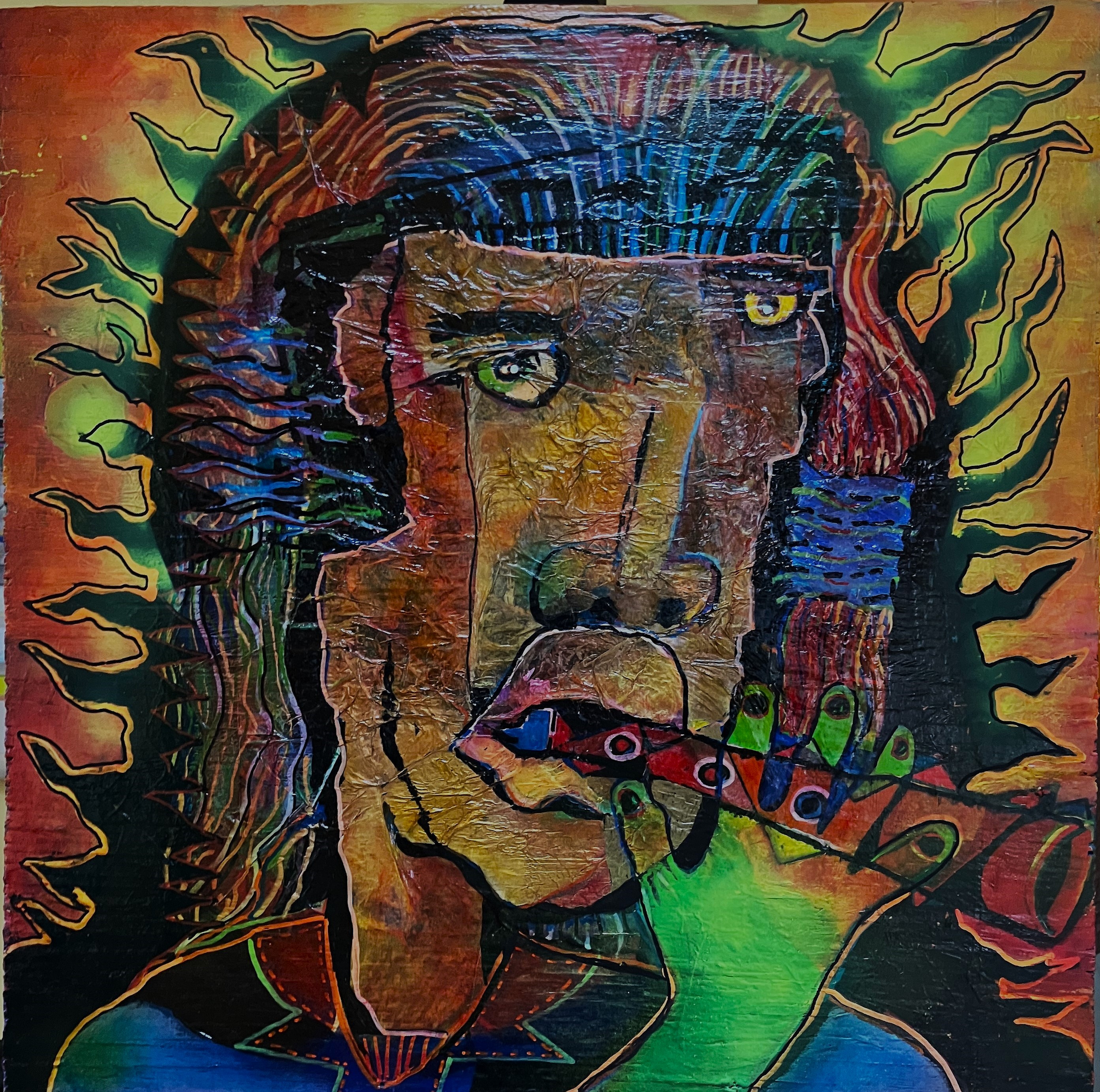 "Tino’s Travels" 2025, painting, oils, spray, enamel markers, 24” w x 24” h