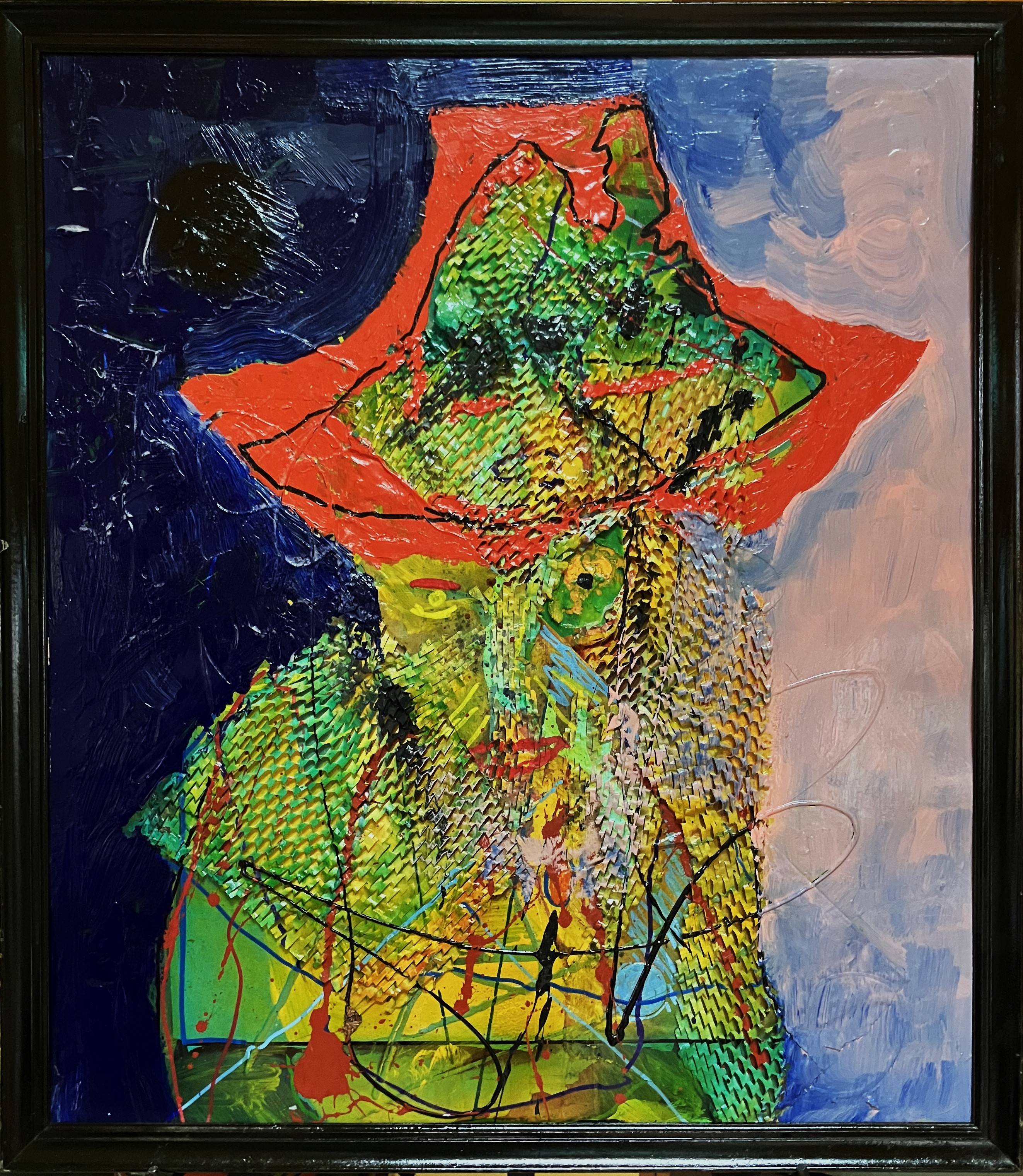 "Ask Again" 2025, painting, oil, acrylics, spray paint on poster paper, 27” w x 24” h