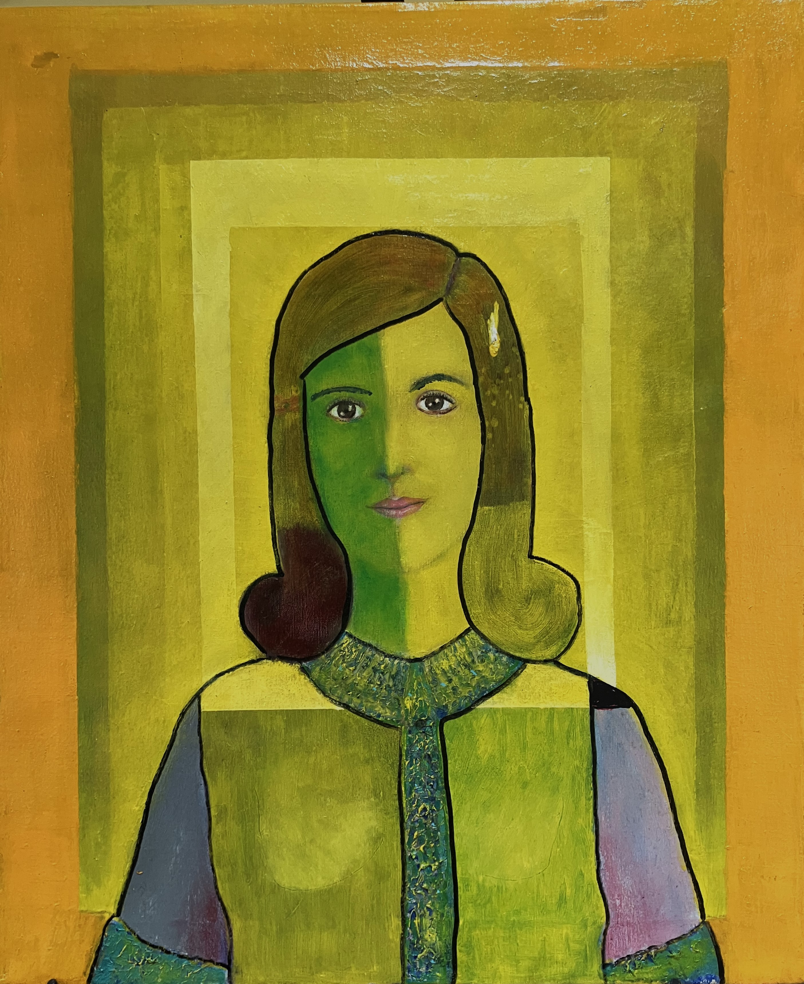 "Chip On Her Shoulder" 2025, painting, oil on canvas, 20”w x 24” h