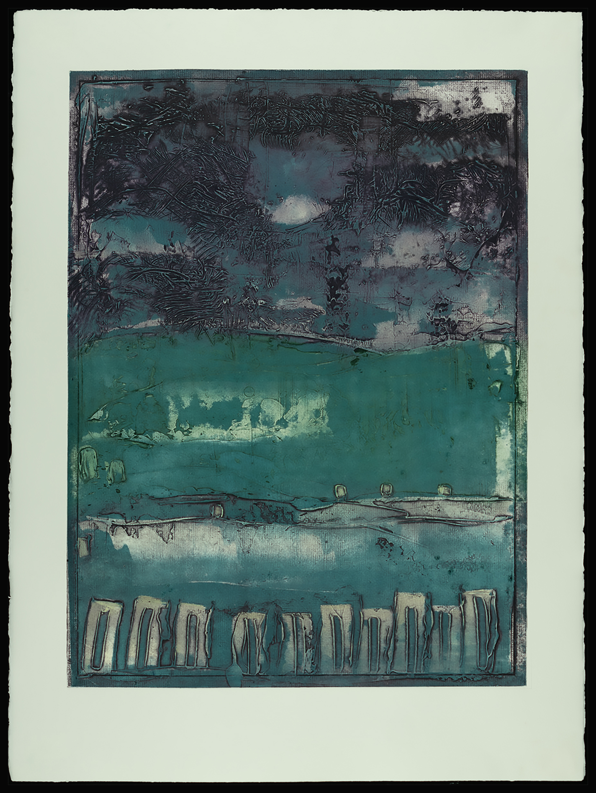 "Noth Forty at dusk" 2025, work on paper, four-color viscosity collagraph, 30” x 22”