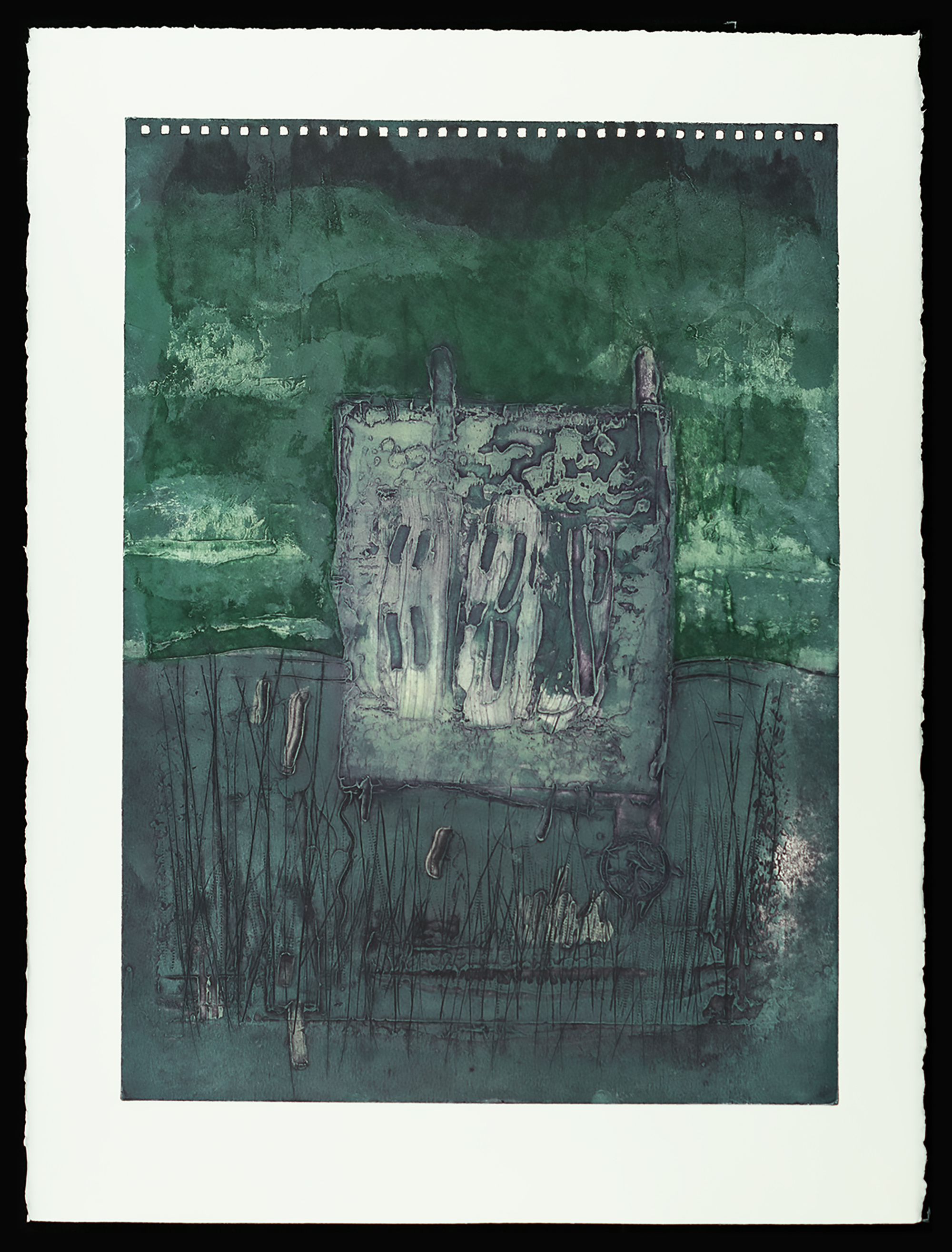 "Isolation Sketchbook" 2025, work on paper, four-color viscosity collagraph, 30” x 22”