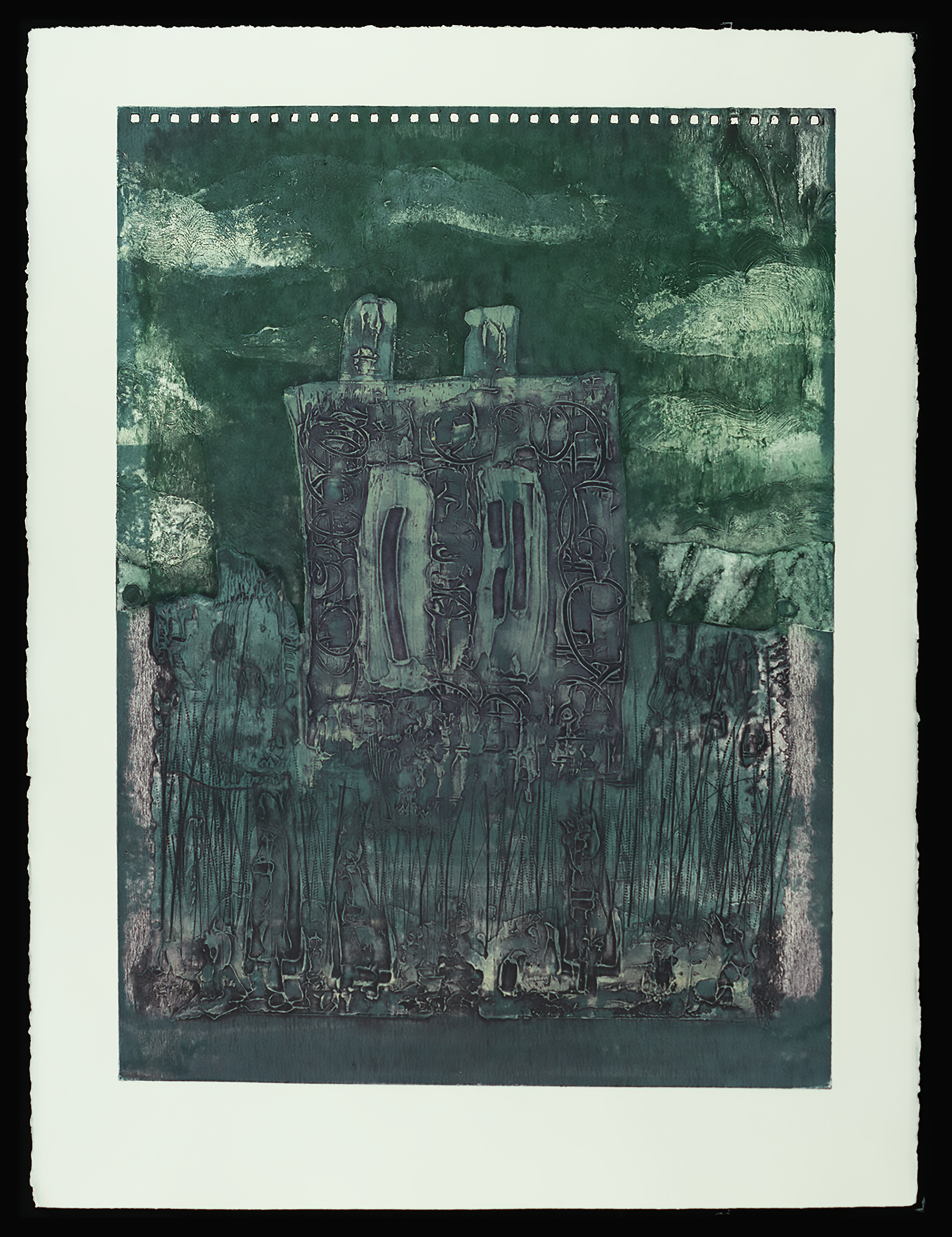 "Home vs Visitor Sketchbook" 2025, work on paper, four-color viscosity collagraph, 30” x 22”