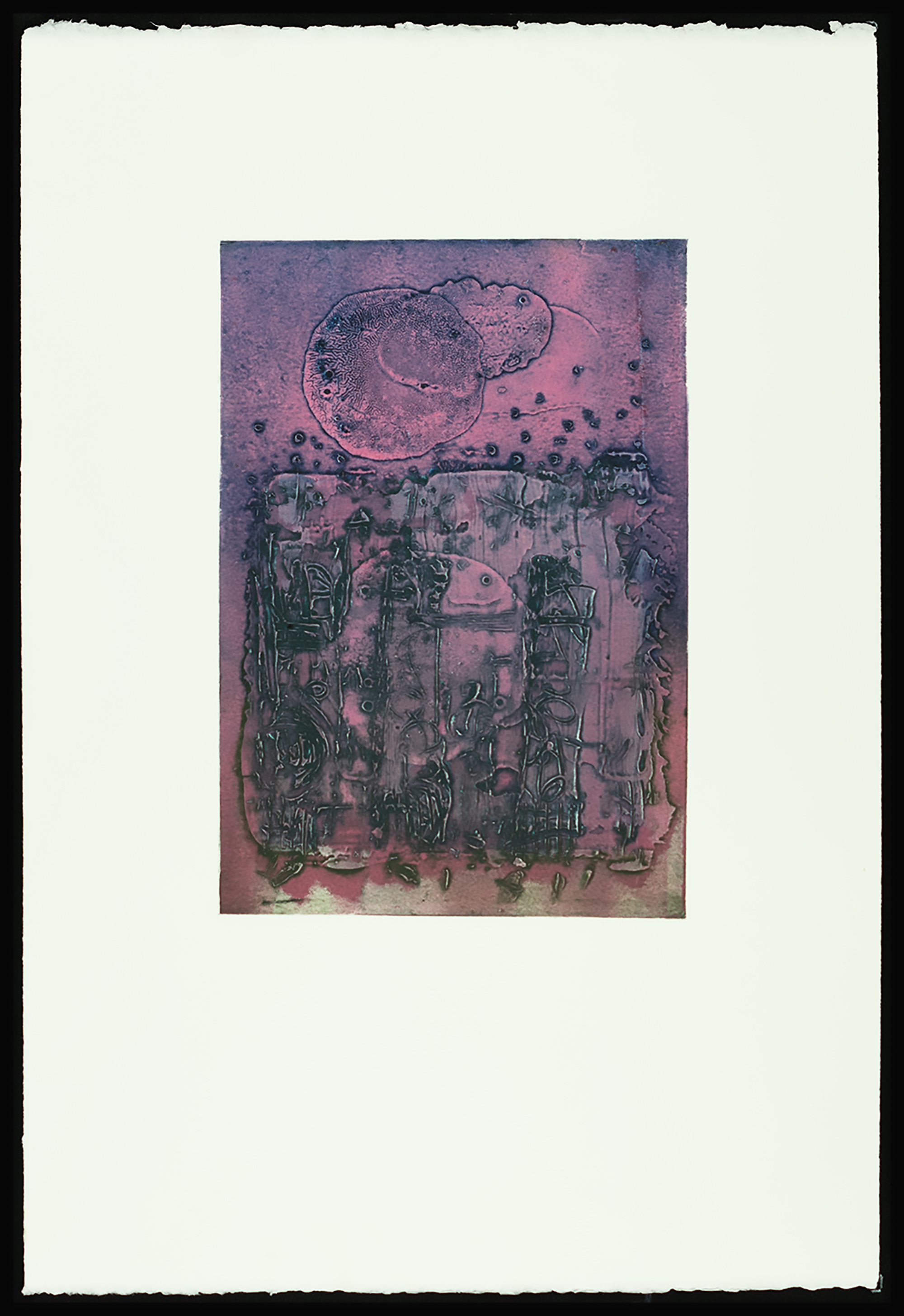 "Underpinnings of Reality" 2025, work on paper, four-color viscosity collagraph, 22” x 15”