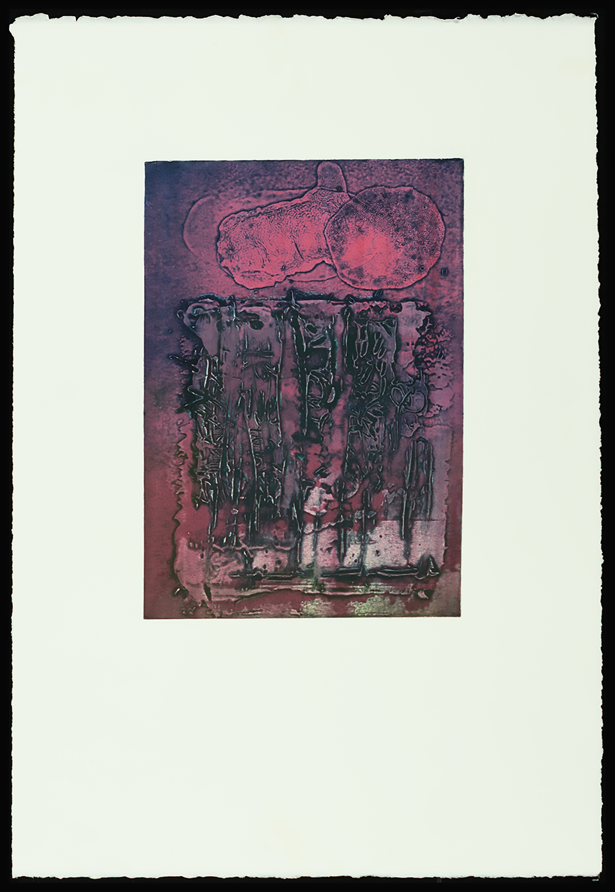"Entanglement" 2025, work on paper, four-color viscosity collagraph, 22” x 15”