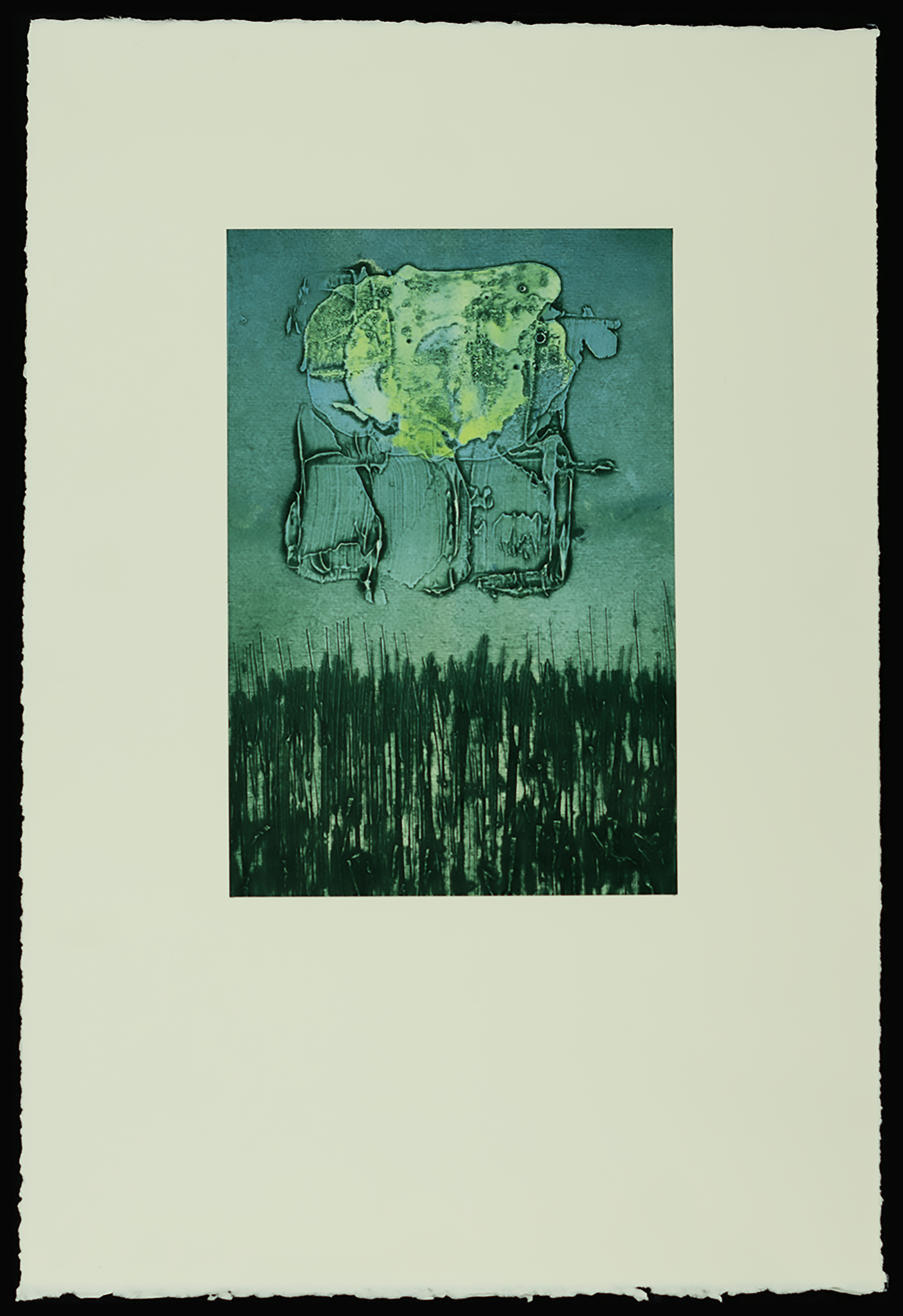 "Laying Down in the Tall Grass" 2025, work on paper, four-color viscosity collagraph, 22” x 15”