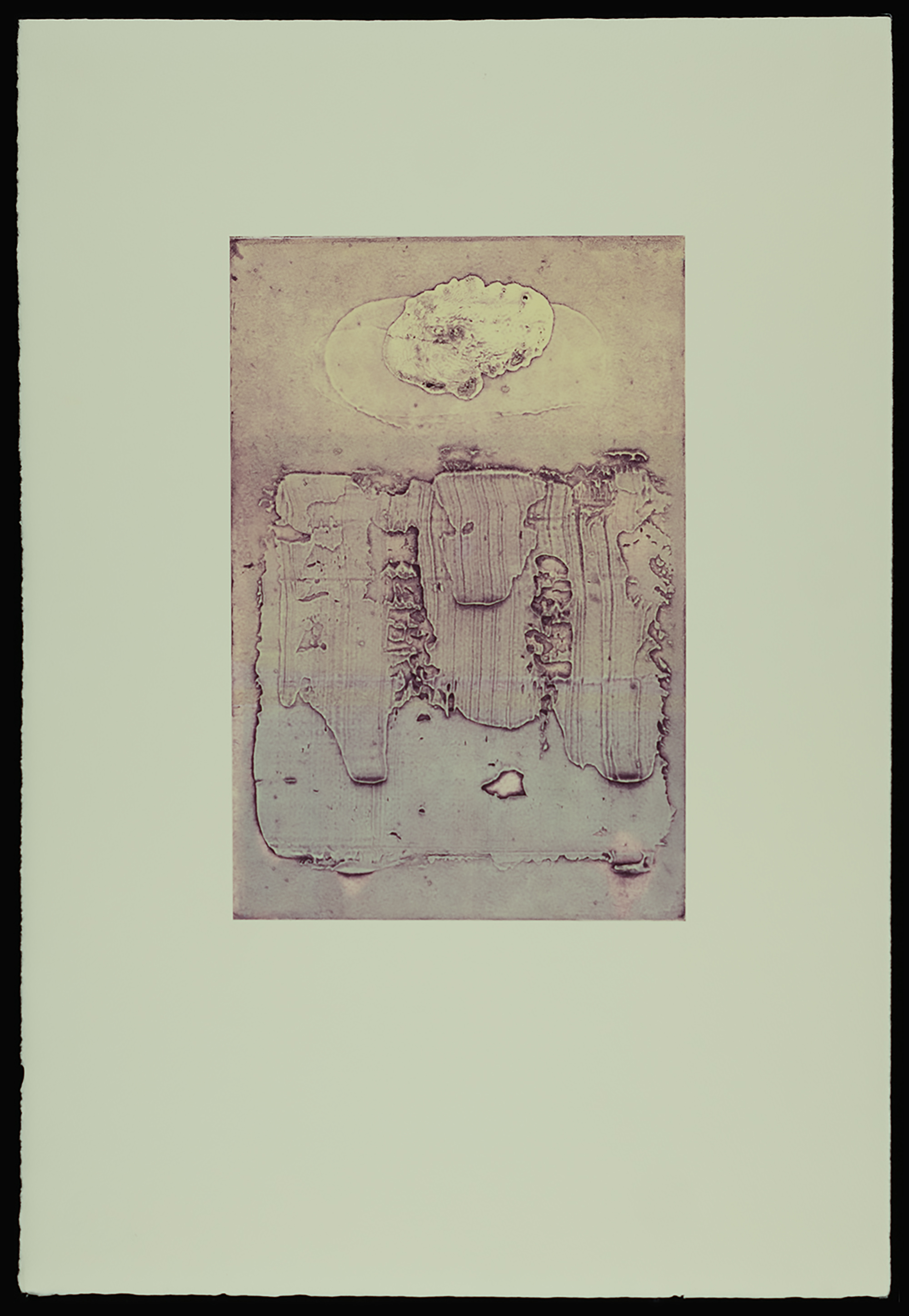 "Fontanelle" 2025, work on paper, four-color viscosity collagraph, 22” x 15”