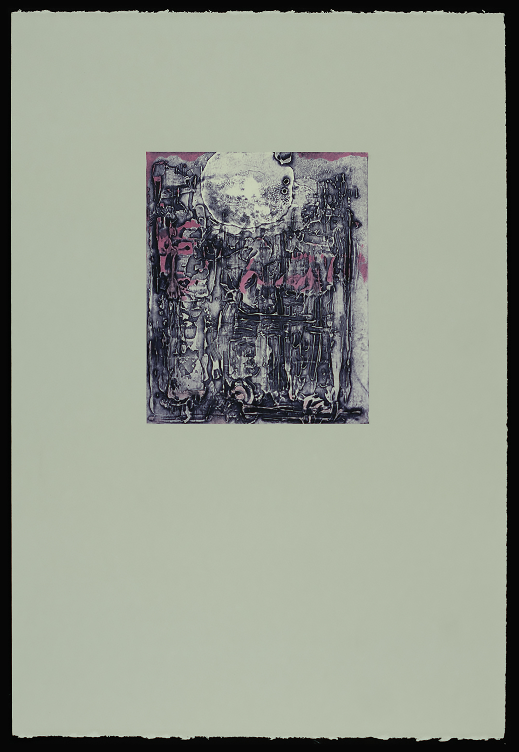 "Telecommunication I" 2025, work on paper, four-color viscosity collagraph, 22” x 15”