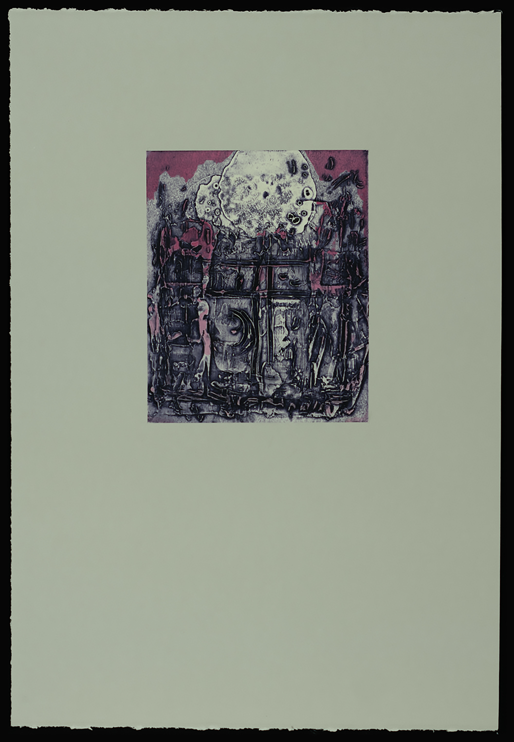 "Telecommunication II" 2025, work on paper, four-color viscosity collagraph, 22” x 15”