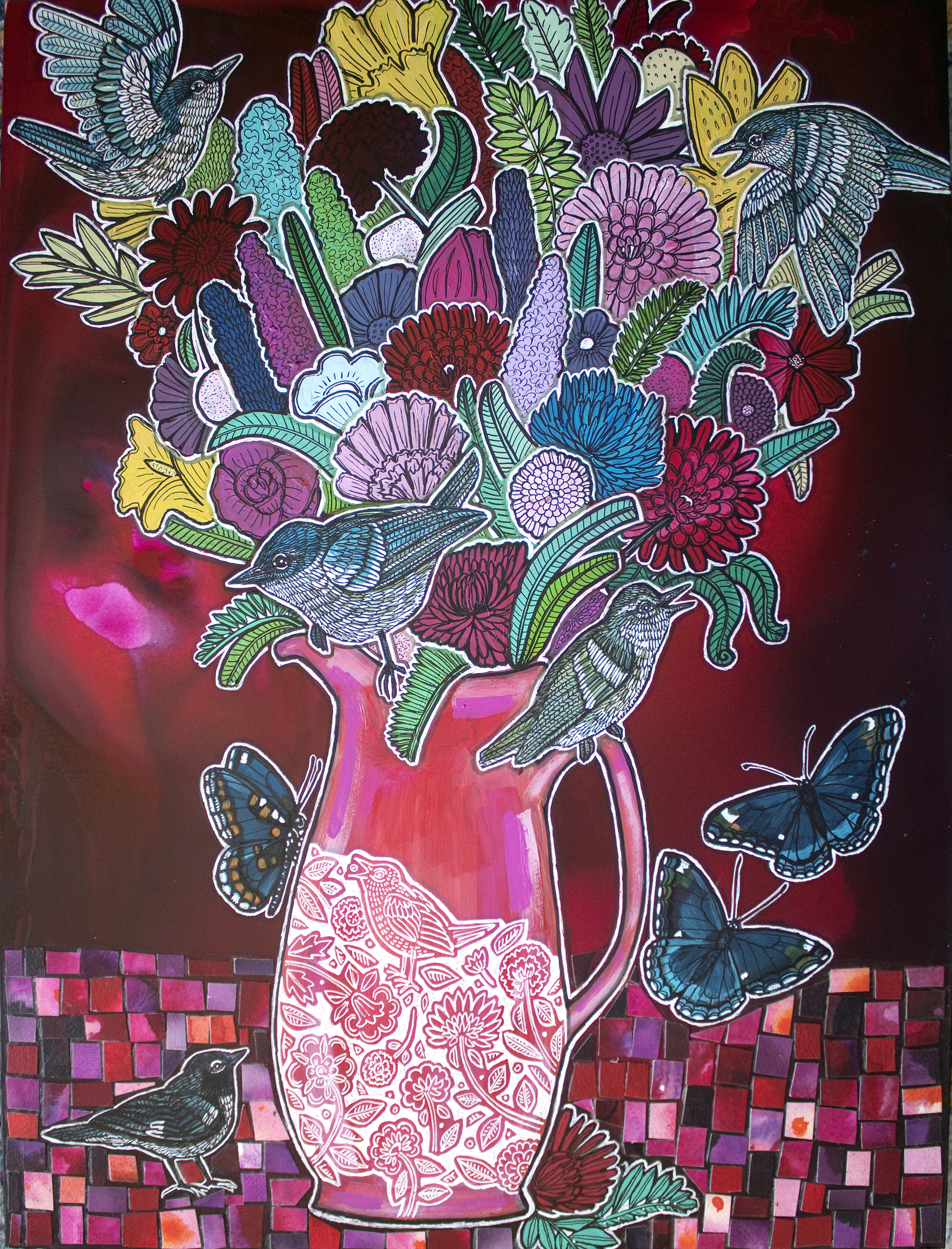 “May Flowers” 2025, Ink, Acrylic and “Fauxsaic” (hand-cut and colored paper collage) on wood panel, 24 x 18 inches