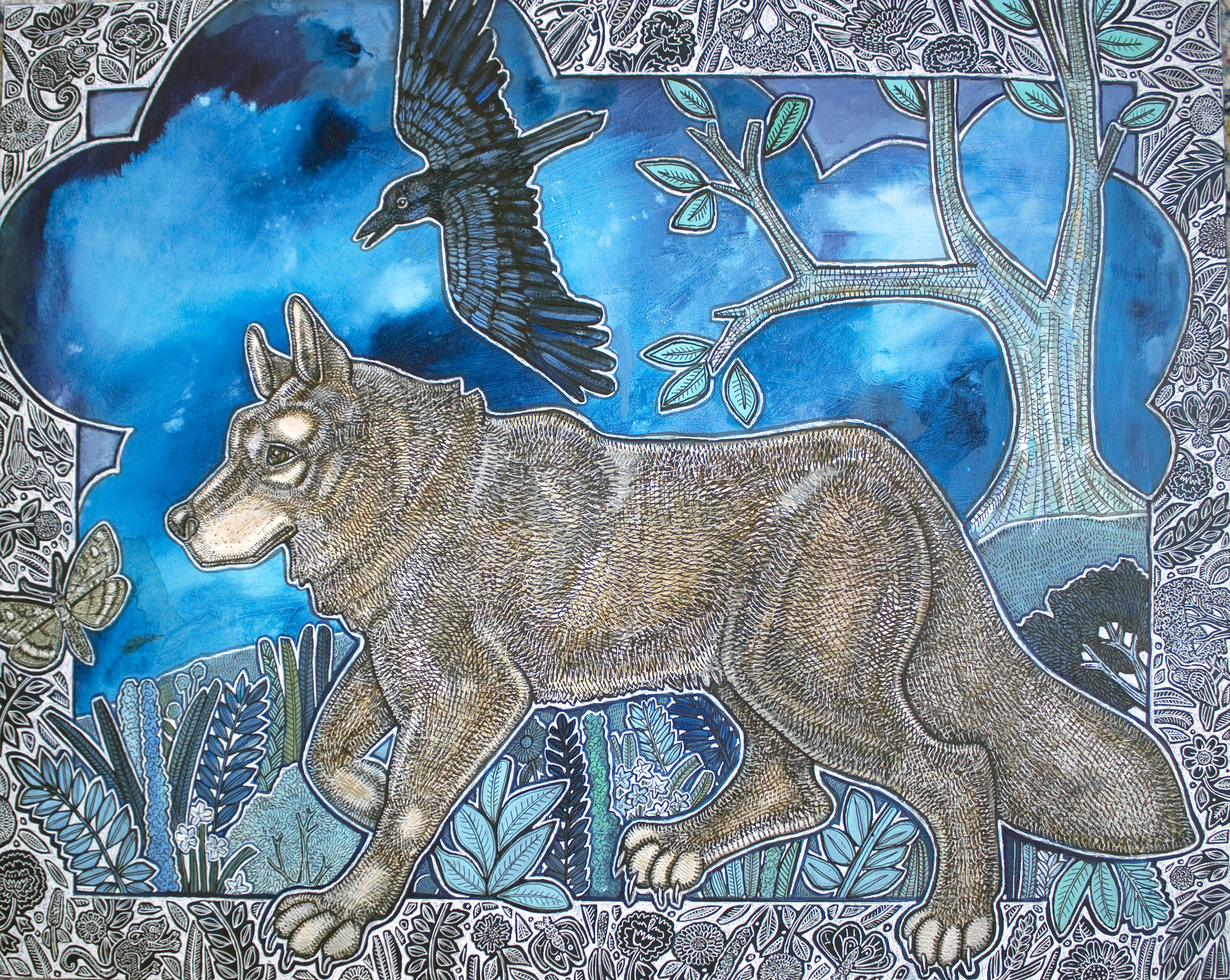 “The Wanderer” 2024, Ink and acrylic on wood panel, 24 x 30 inches