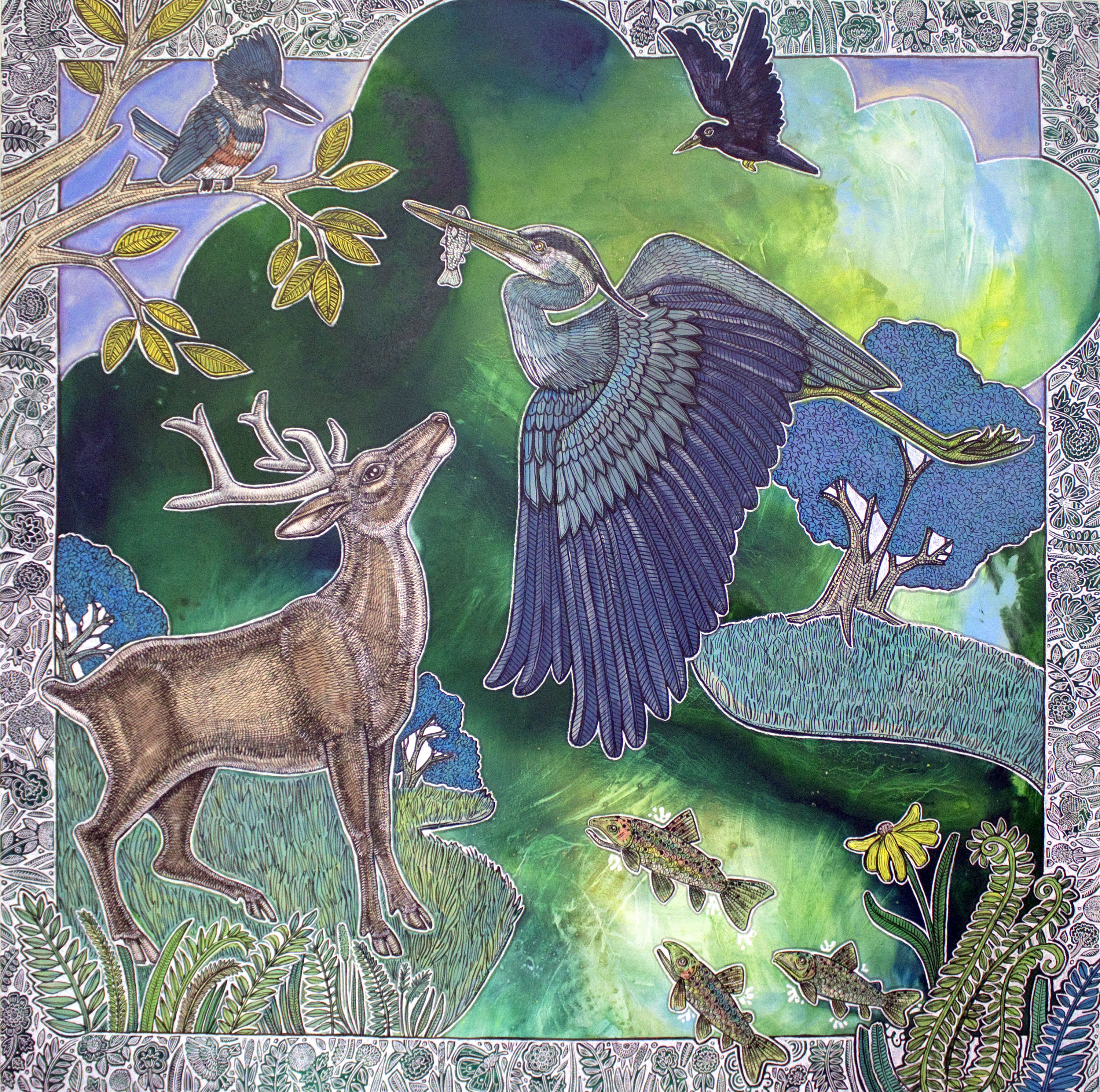 “The Wild Green” 2025, ink and acrylic on wood panel, 40 x 40 inches