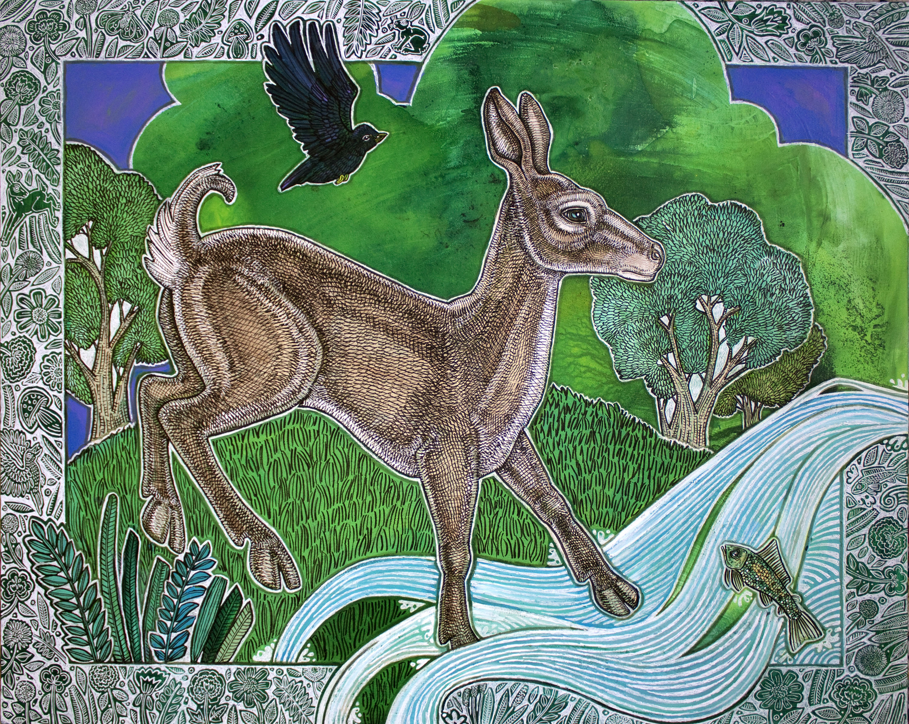 “Running Deer” 2025, Ink and acrylic on wood panel, 24 x 30 inches