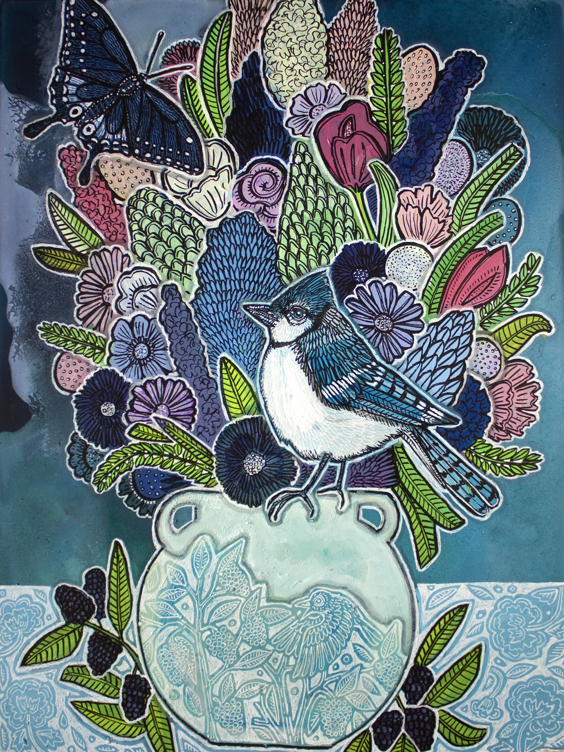 “Blue Garden Bouquet” 2025, Ink, Acrylic and “Fauxsaic” (hand-cut and colored paper collage) on wood panel, 16 x 12 inches