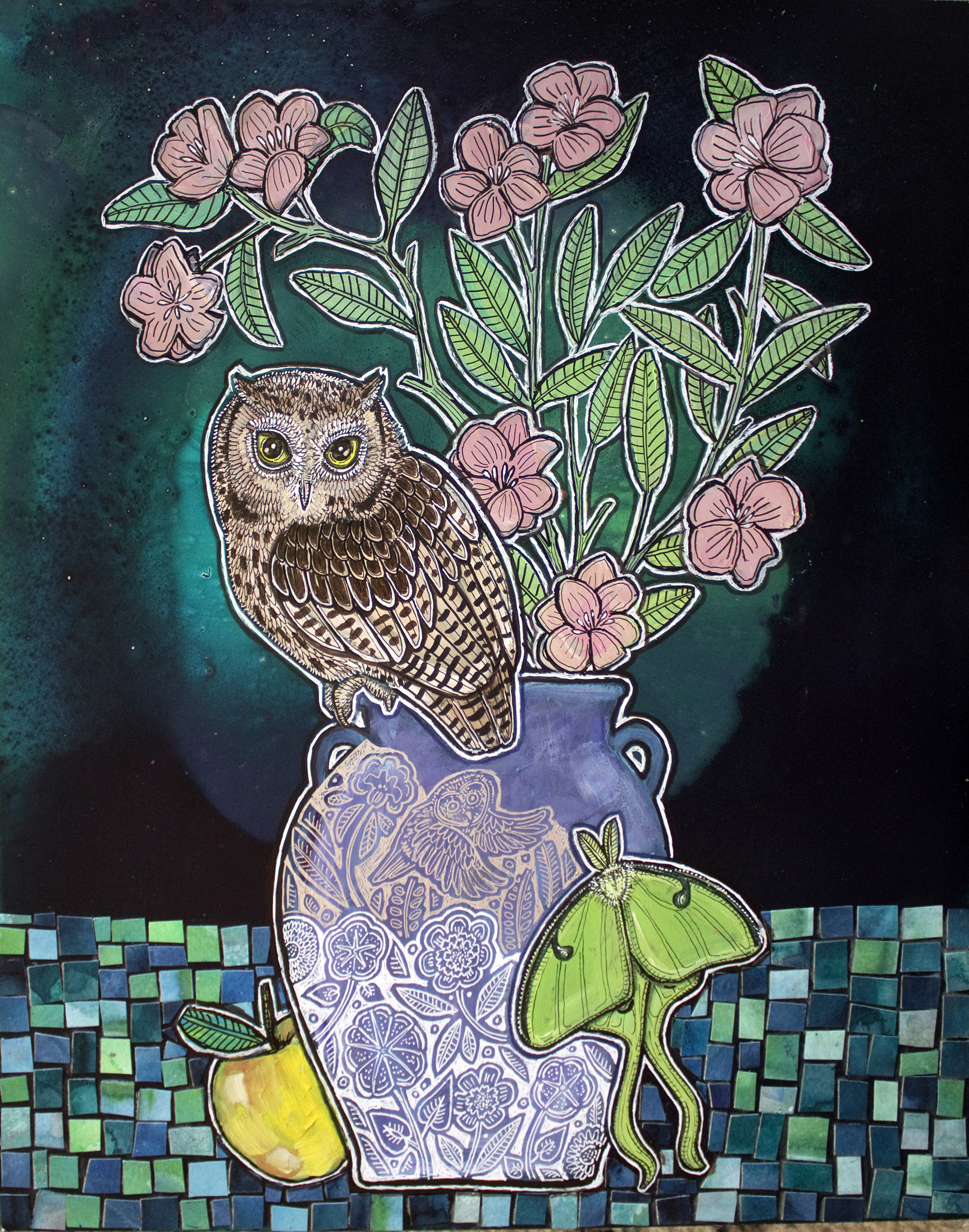 “Evening Blooms” 2025, Ink, Acrylic and “Fauxsaic” (hand-cut and colored paper collage) on wood panel, 20 x 16 inches