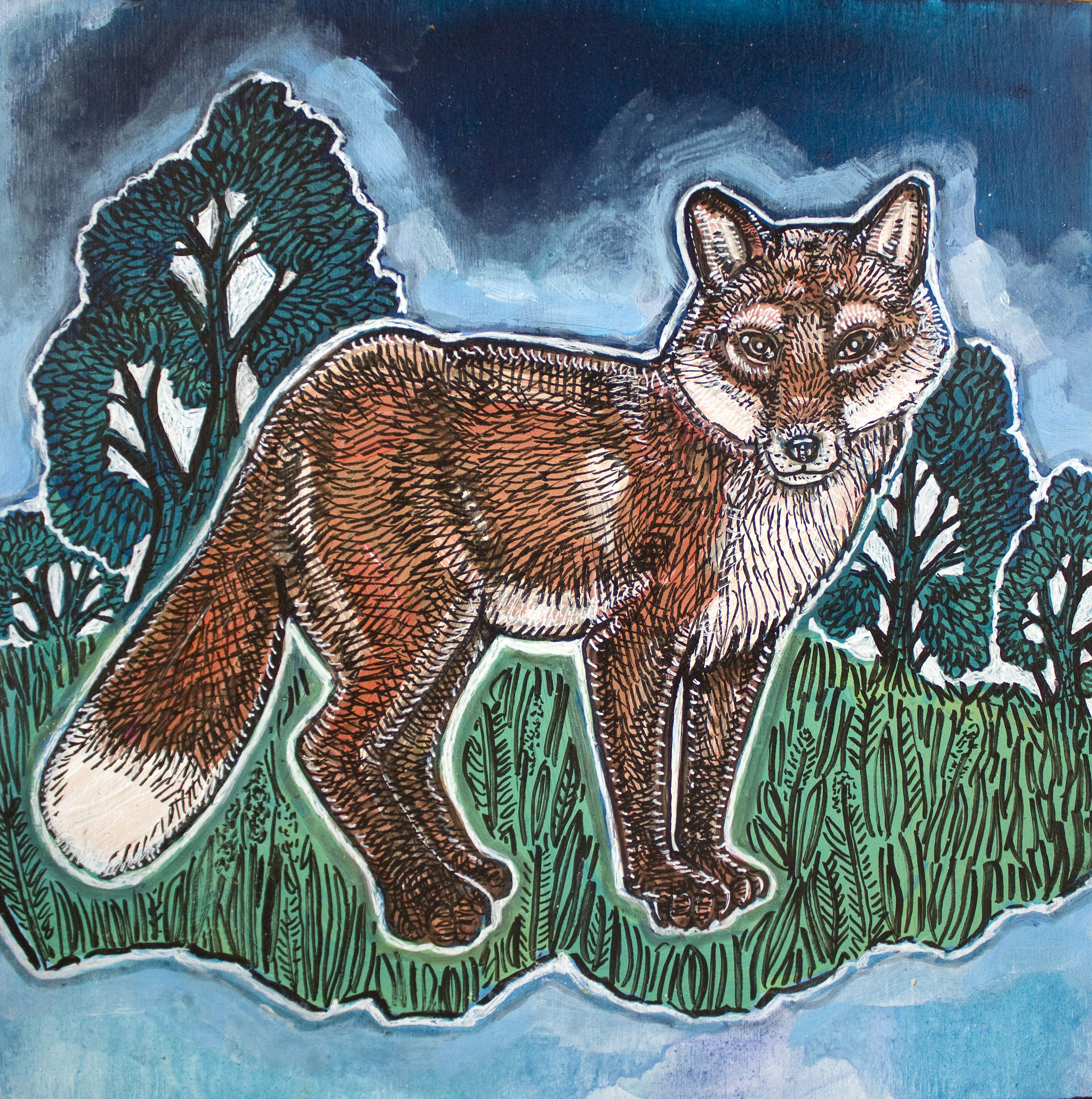 “Twilight Fox” 2025, Ink and acrylic on wood panel, 8 x 8 inches