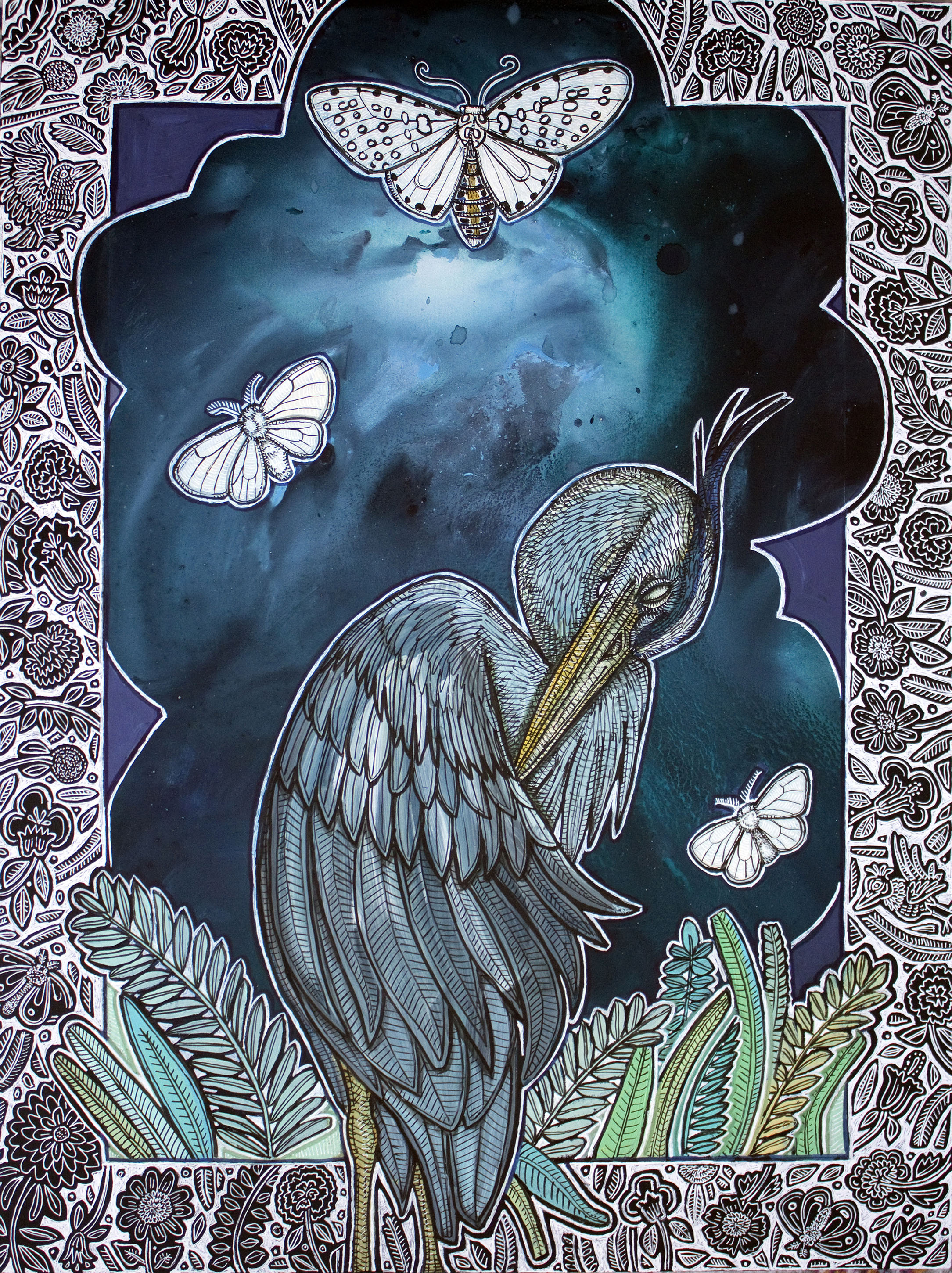 “Dreaming in Blue” 2024, ink and acrylic on wood panel, 24 x 18 inches