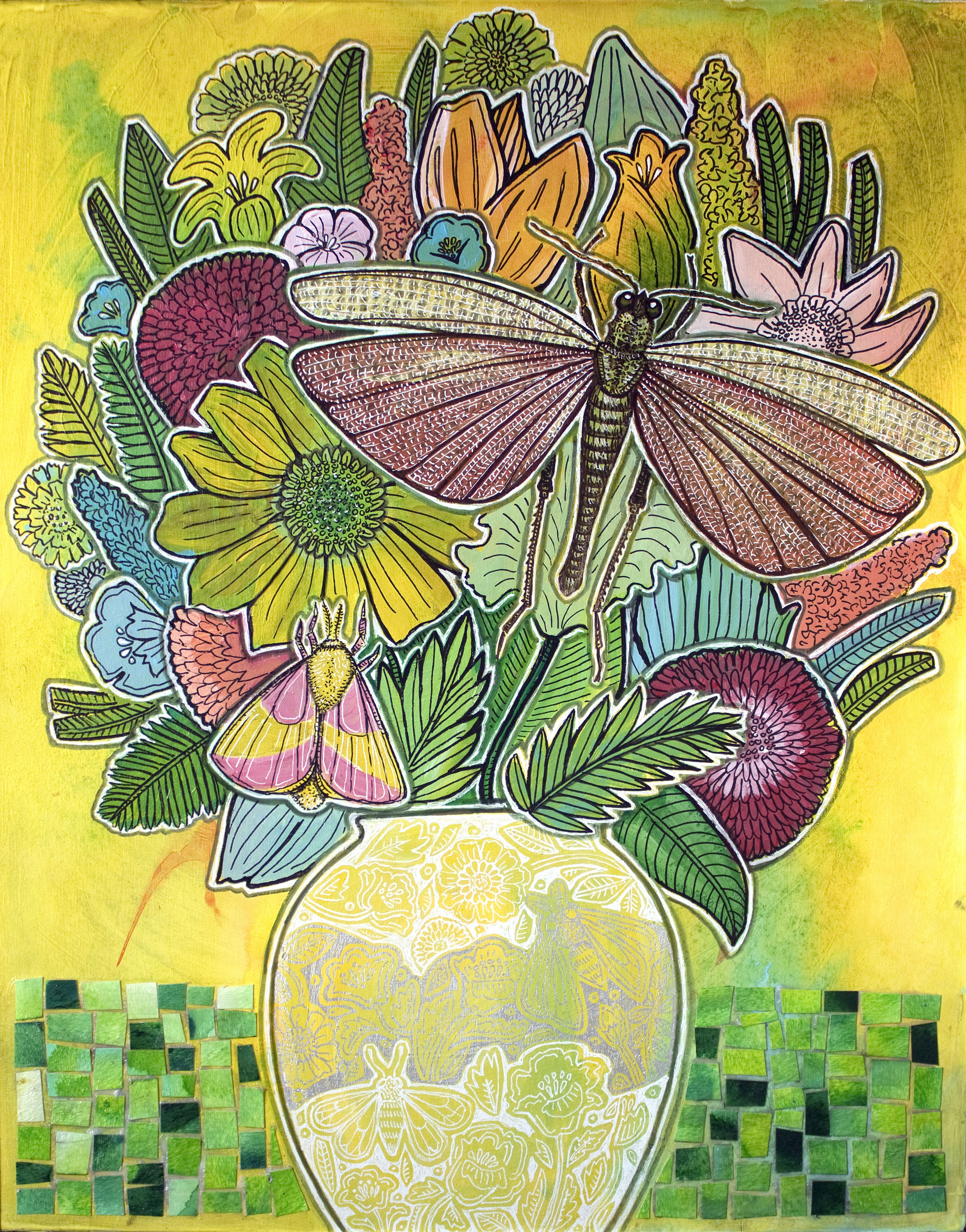 “Summer Bounty” 2022, Ink, Acrylic and “Fauxsaic” (hand-cut and colored paper collage) on wood panel, 20 x 16 inches