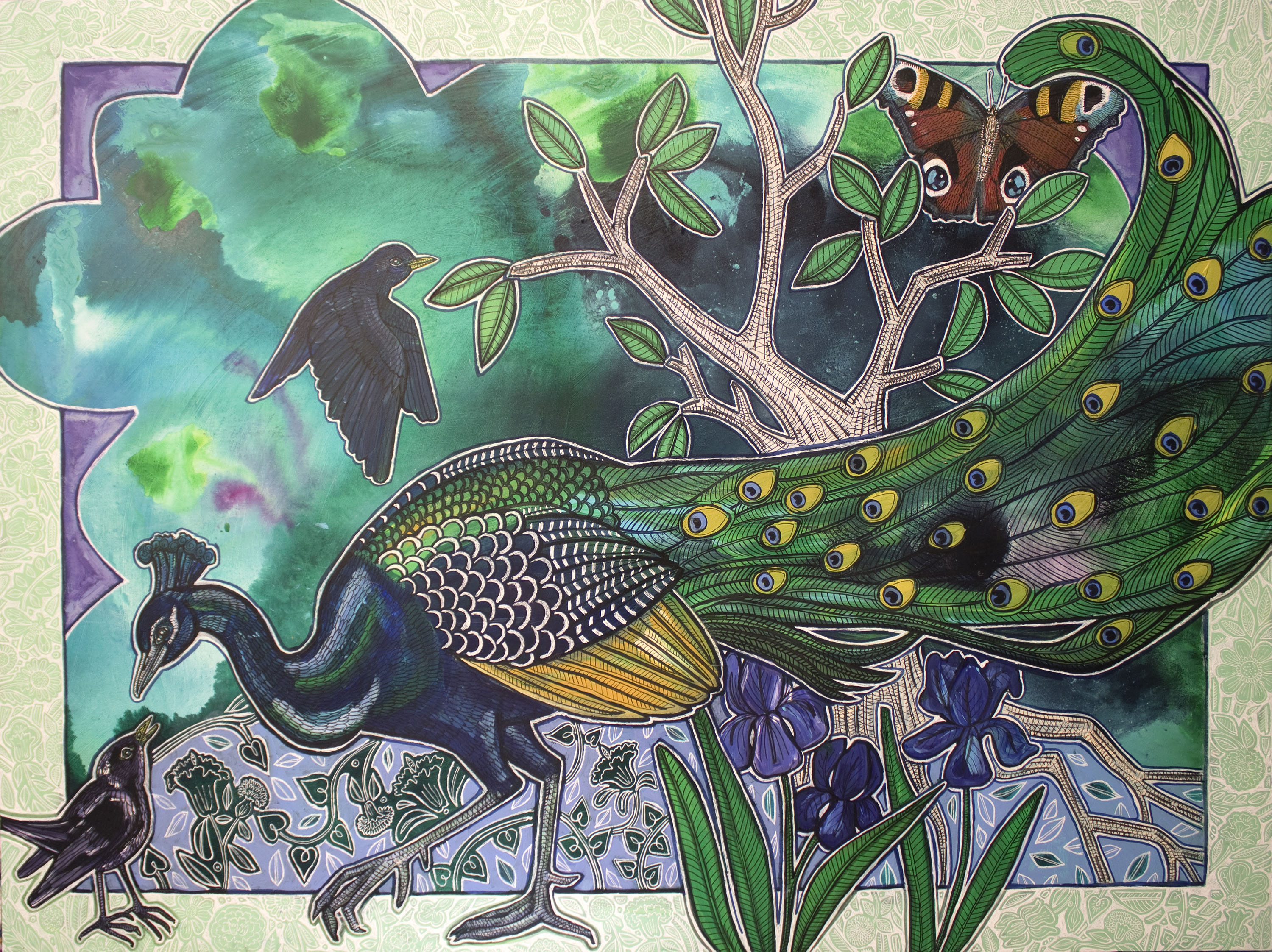 “The Peacock’s Garden” 2024, Ink and acrylic on wood panel, 30 x 40 inches
