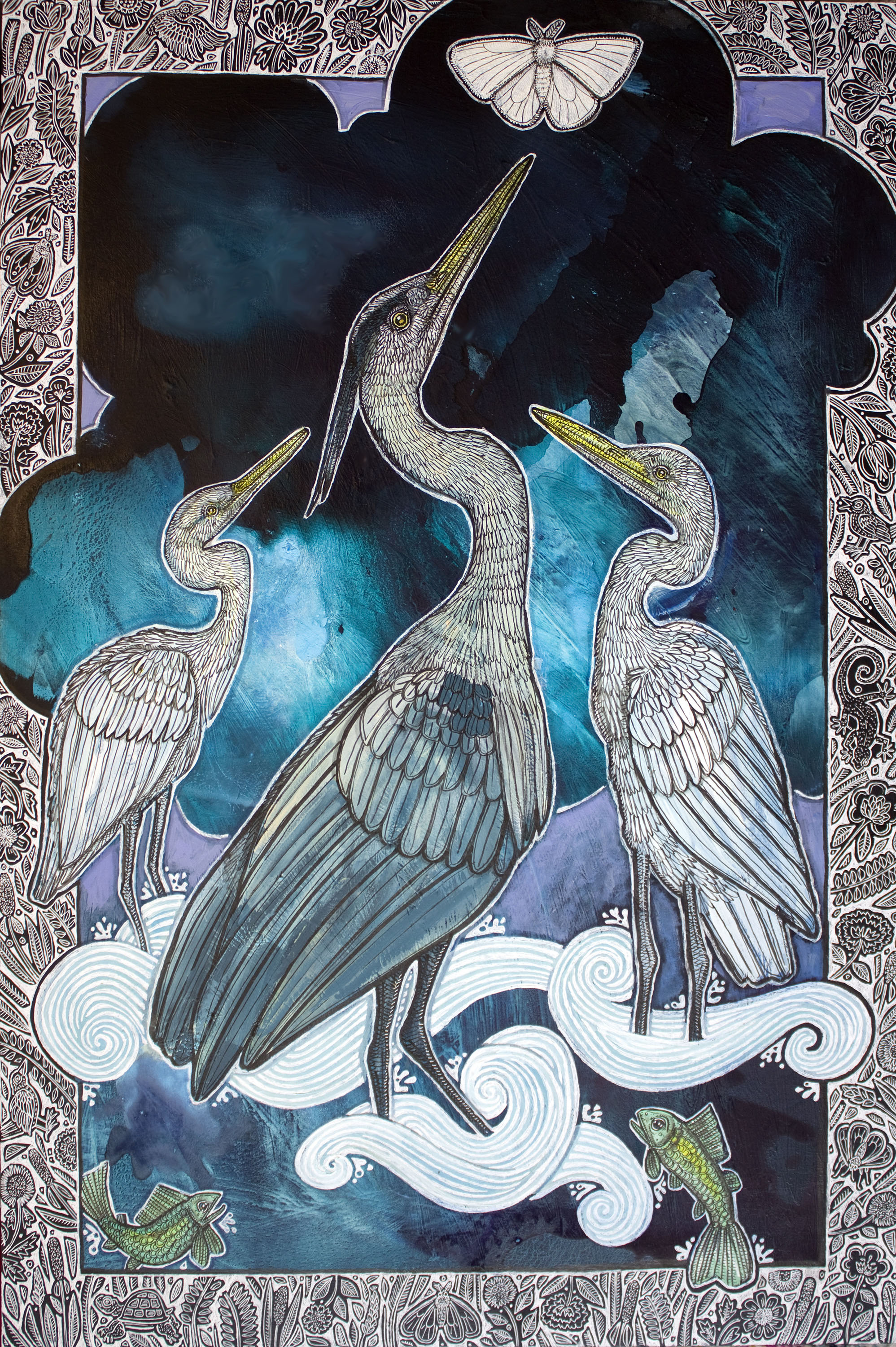 “Nocturne” 2025, Ink and acrylic on wood panel, 30 x 24 inches