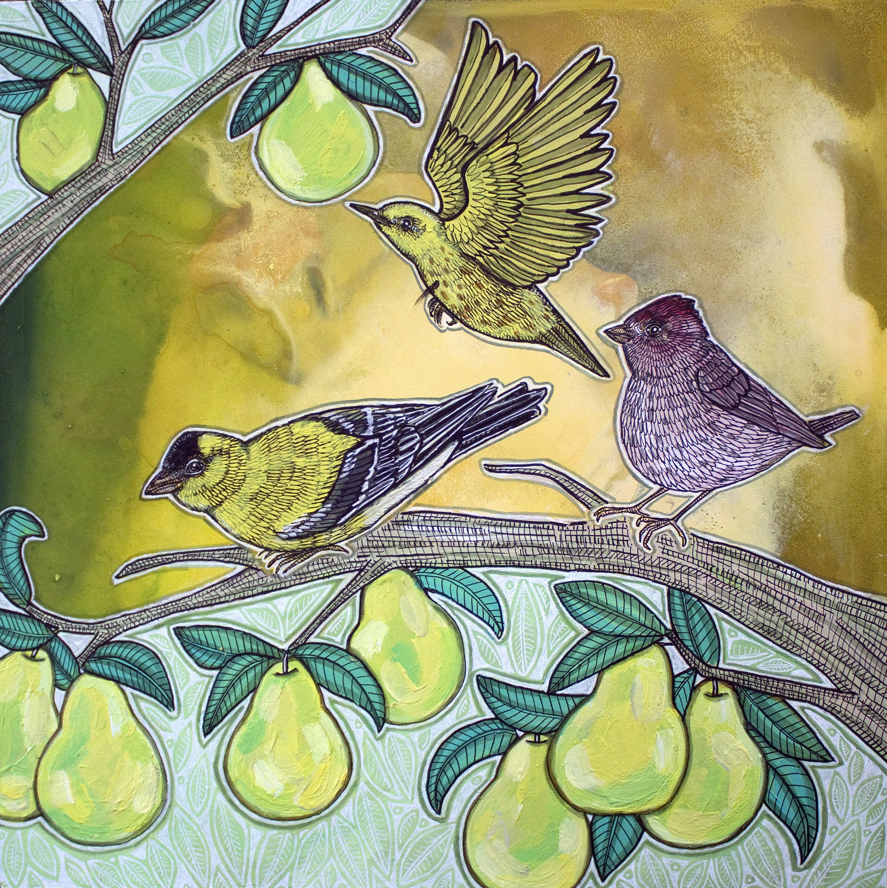 “Nine Pears” 2025. Ink and acrylic on wood panel, 18 x 18 inches