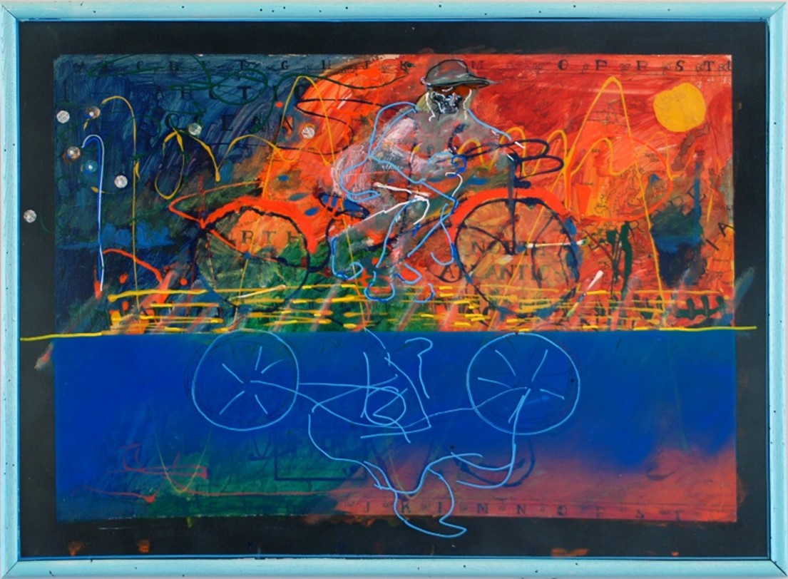 “Boardwalk Rider” 2019, acrylics, spray enamels, montage, and terra cotta pens on poster board under glass, 39 ½” w x 29 ½” h