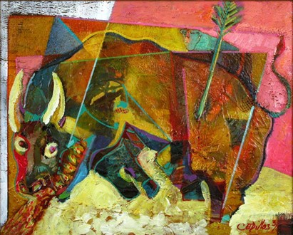 “Bull of Appetite” 2022, oils and terra cotta markers on canvas, 22 ½” w x 18 ½” h