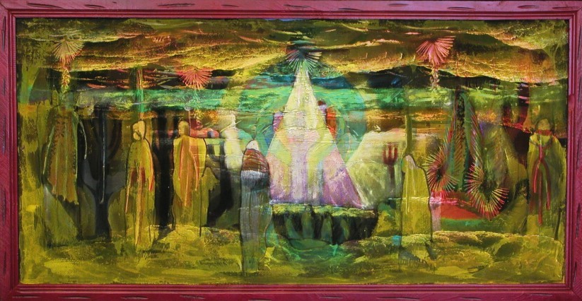 “Desert Séance” 2009, oils, acrylics, spray enamel, and oil paint stick on black velvet, 47 ½” w x 24 ¾” h