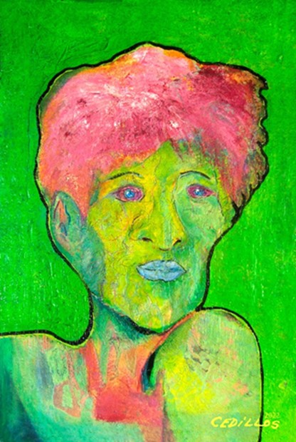 “Eva at 90” 2023, latex, oil, and acrylic paints, terracotta markers on cork board, 24” w x 36” h