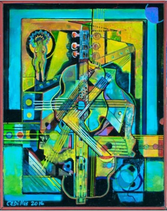 “Guitar Strings” 2016, acrylic and oil paints, terracotta markers on poster board, 16” w x 20” h