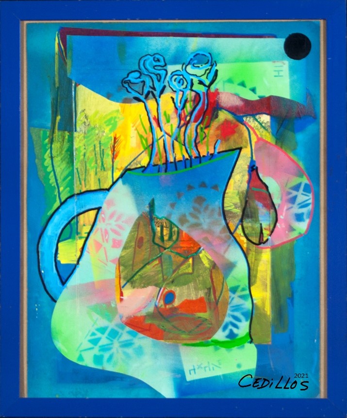 “Pandora's Jar with Black Moon” 2021, enamel spray paint, terracotta markers on paper, 16” w x 20” h