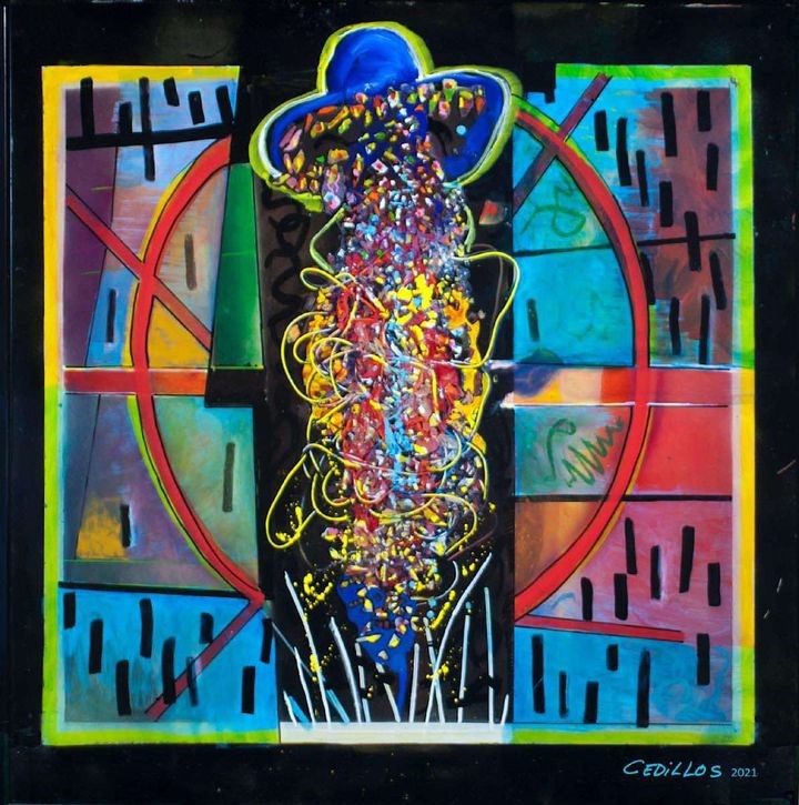 “Walking the Quantum” 2021, Acrylic, gel varnish, spray enamel, terra cotta marker, oil paint stick, coated wire, glass fragments on Plexiglas, 36 ¼” w x 36 ¼” h