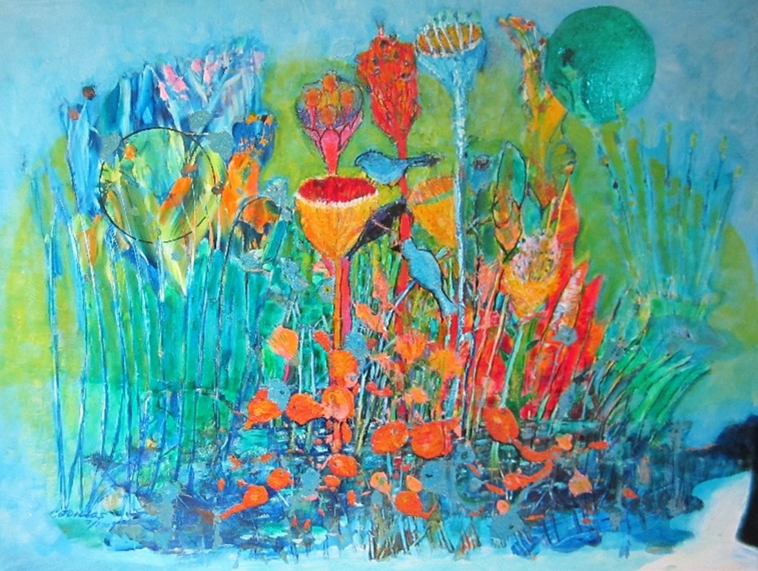 “Inlet Bog” 2020, oil paints, terra cotta markers, on canvas, 48” w x 36” h