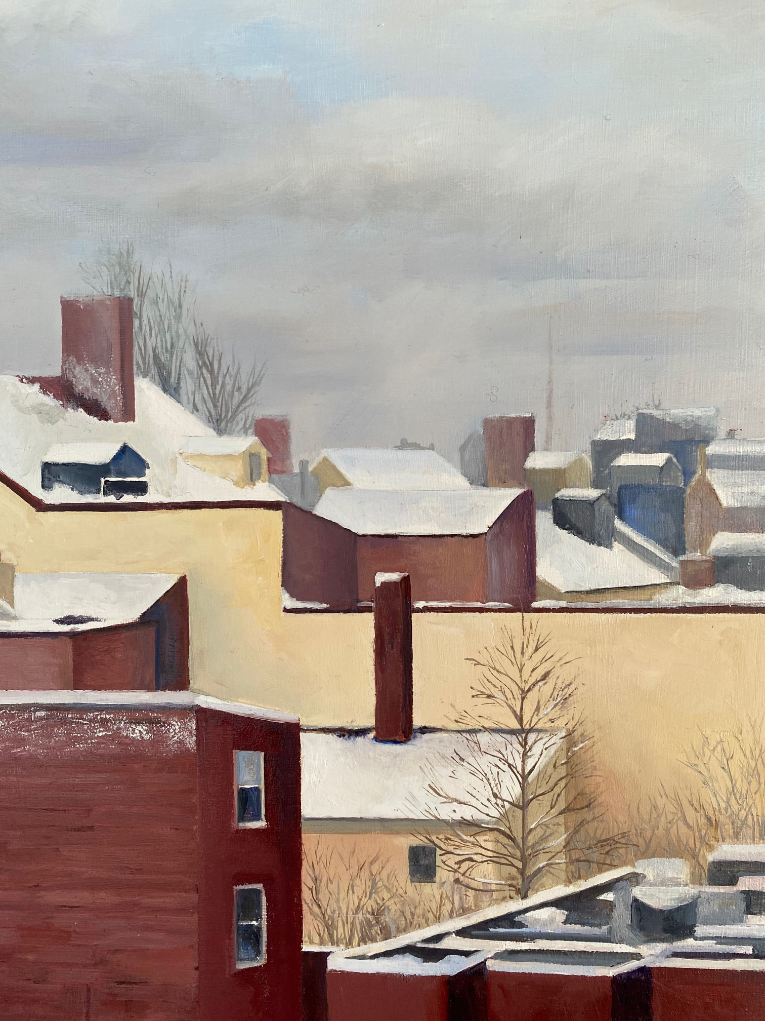 Snowy Rooftops, painting, oil on wood, 12” x 9”