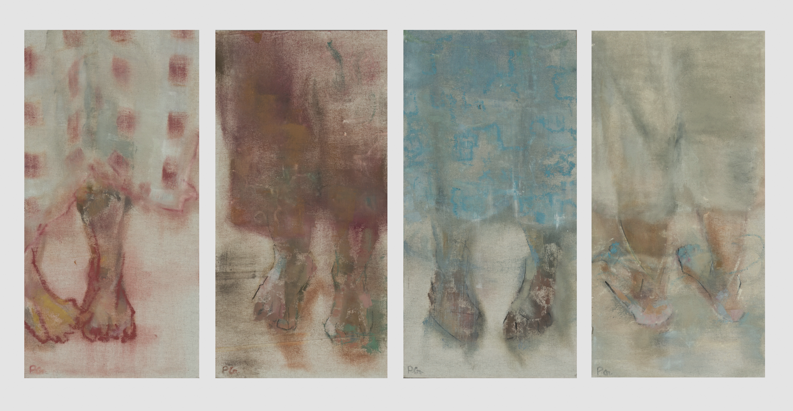 What My Feet Remember, 2024, painting, oil and oil stick on linen (tetraptych), 24 x 48 inches