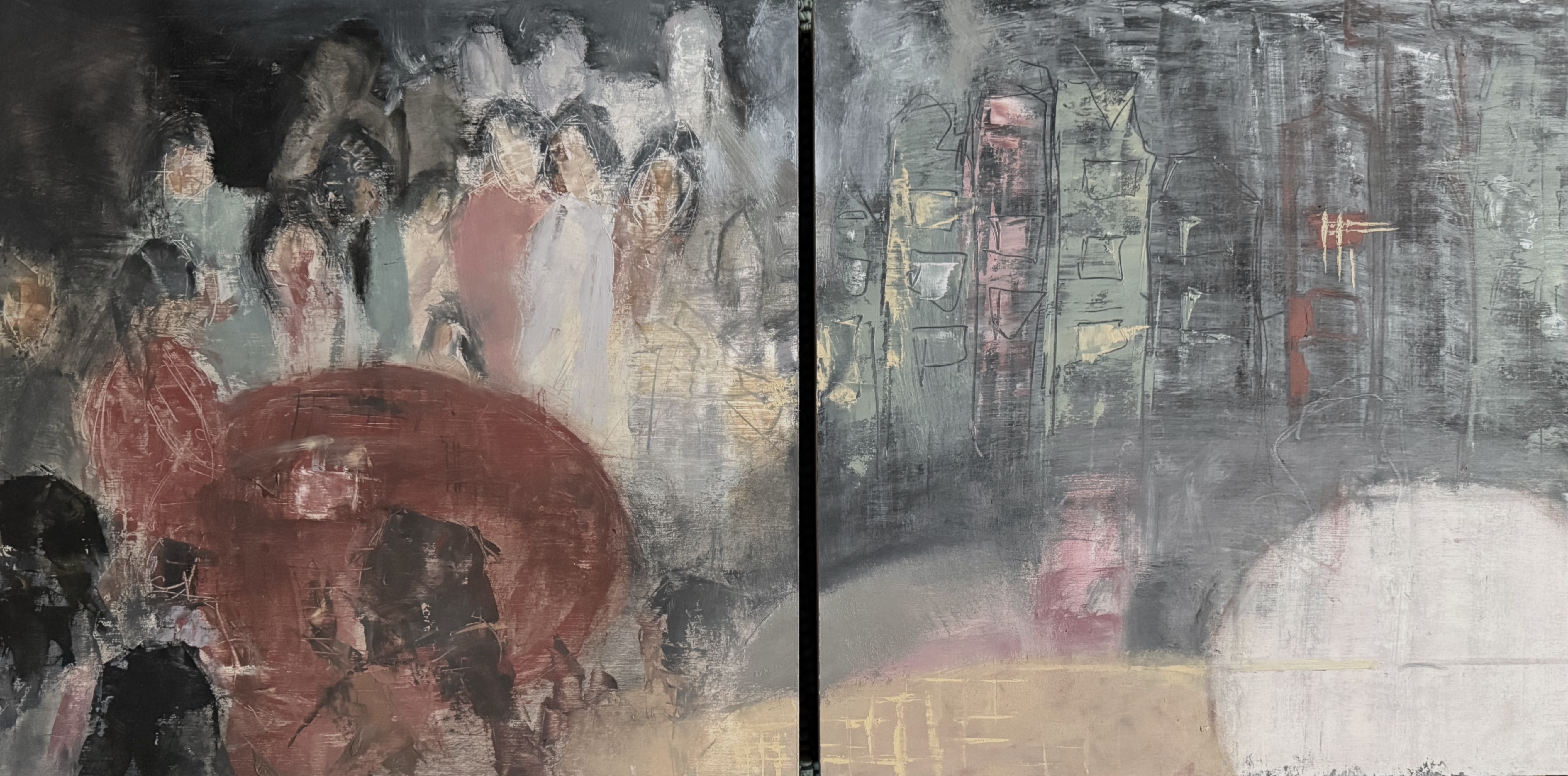 Crossing Over, 2025, painting, oil and beeswax on panel (diptych), 14 x 28 inches