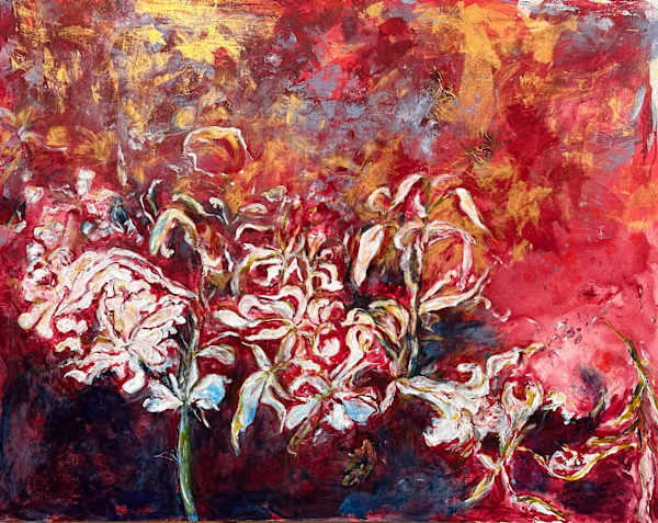 "Crimson Scrolls Dancing Flowers" 2025, oil glazing on acrylic subpainting, 48" x 60"