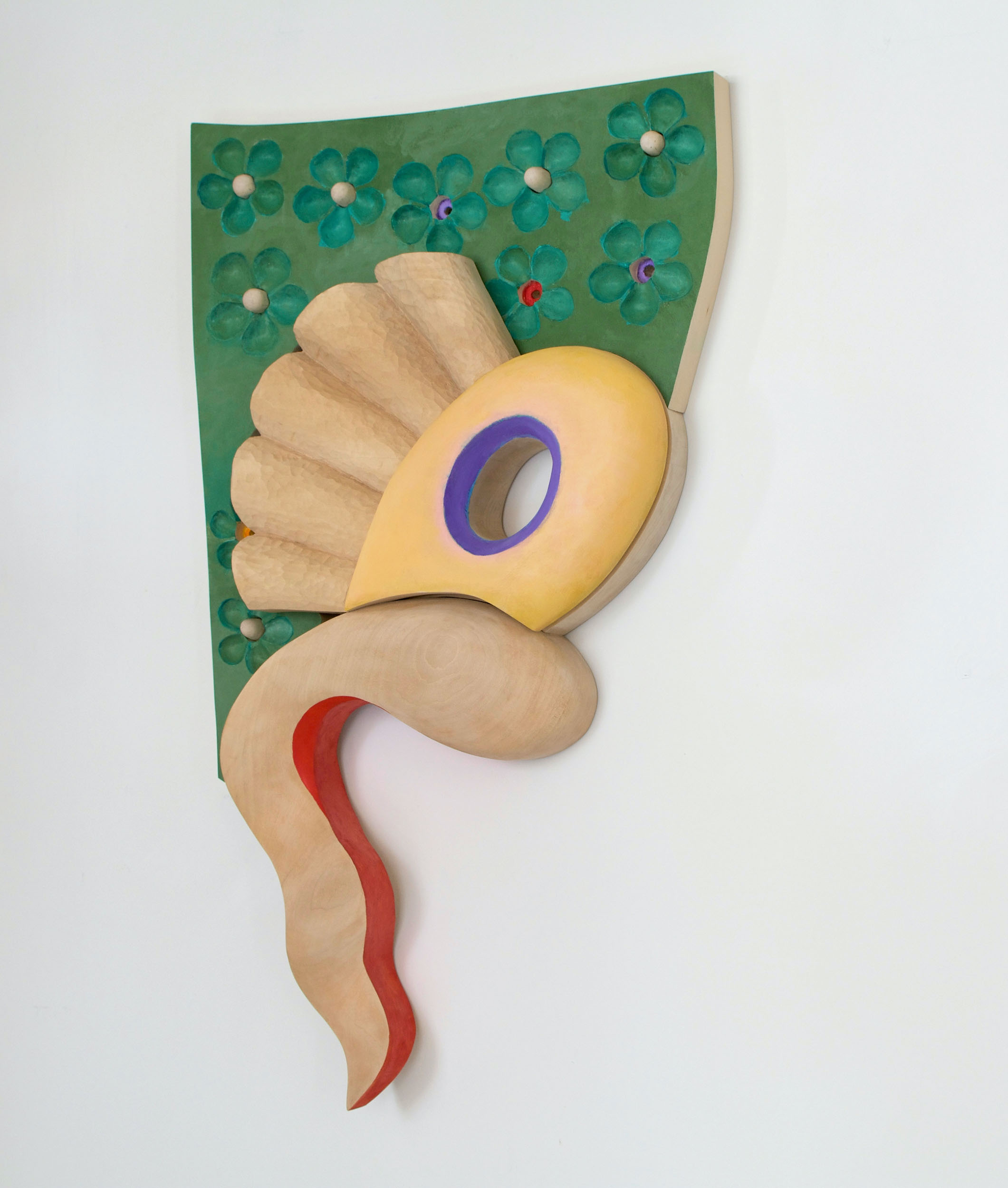 "Red Tail" 2017, acrylic on wood, 36” x 22” x 4.5”