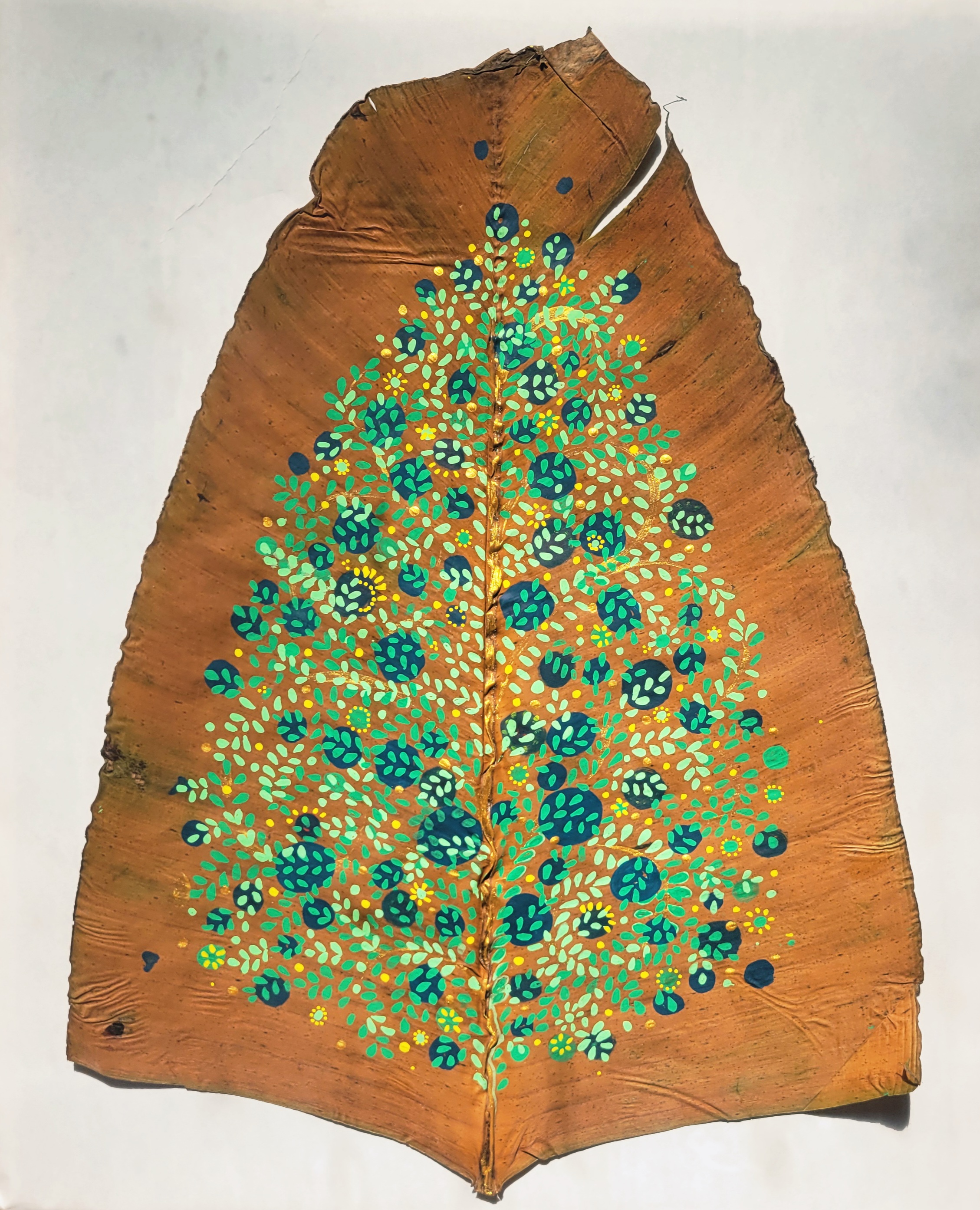 “Banana leaf” 2025, Pressed banana leaves and paint pens, 8” x 10”