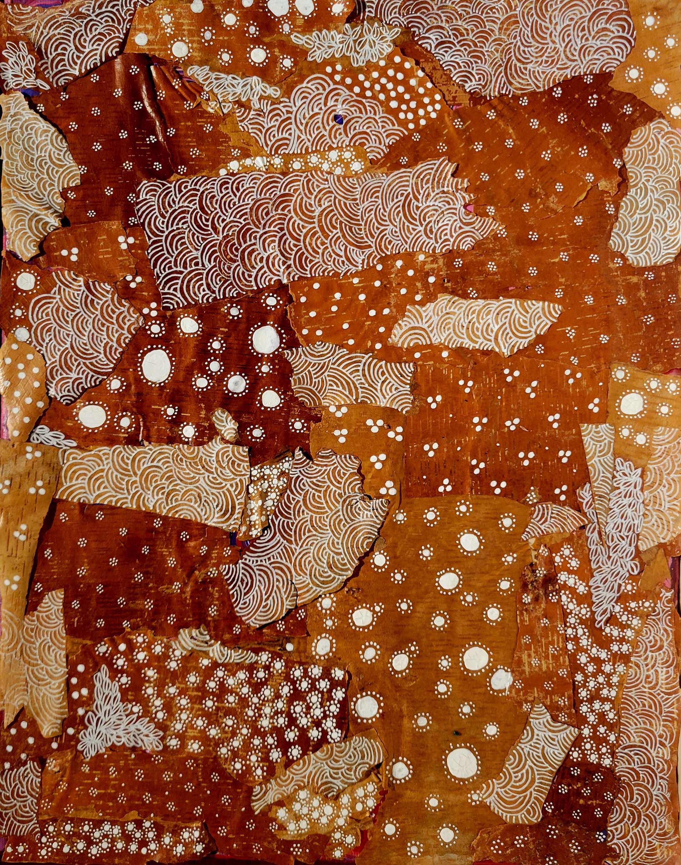 “Birchbark doodles” 2025, Paper Birch bark, paint pens and resin, 8” x 10”