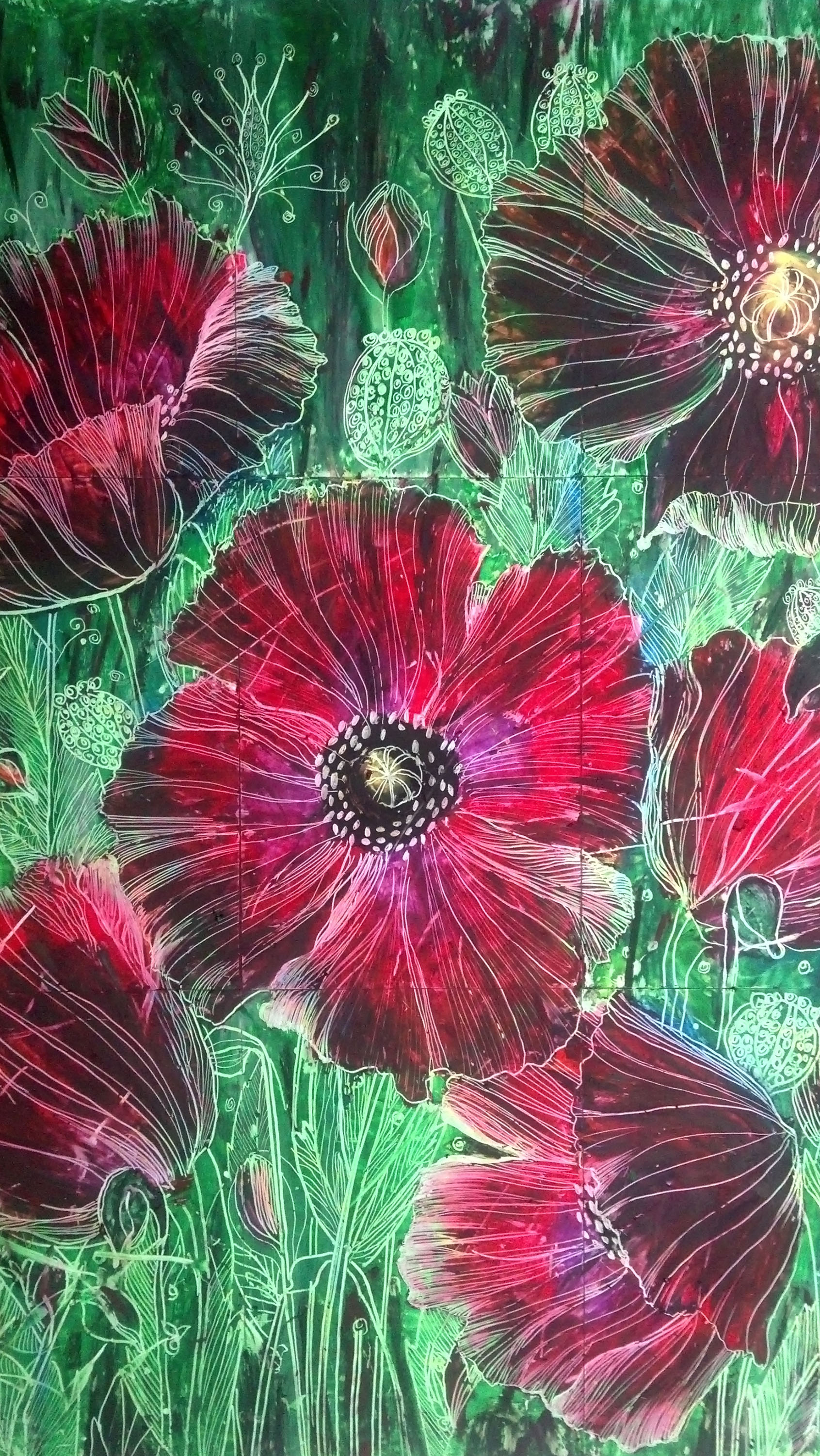 “Red poppy” 2023, Maple leaf, paint pens and resin, 5” x 4”