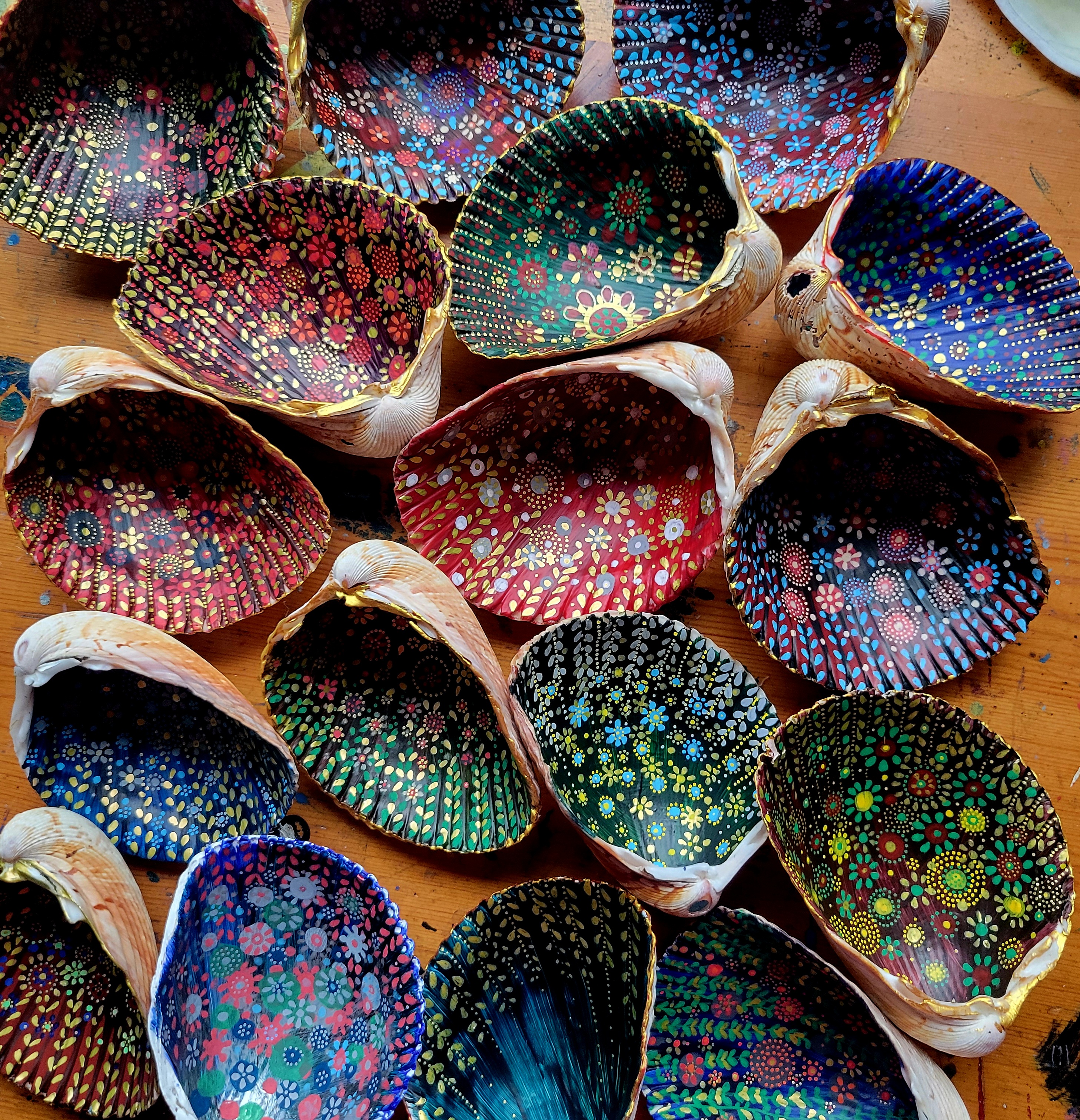 “Remembrances” 2025, Cockle shells and paint pens, 3” x 4” x 2”