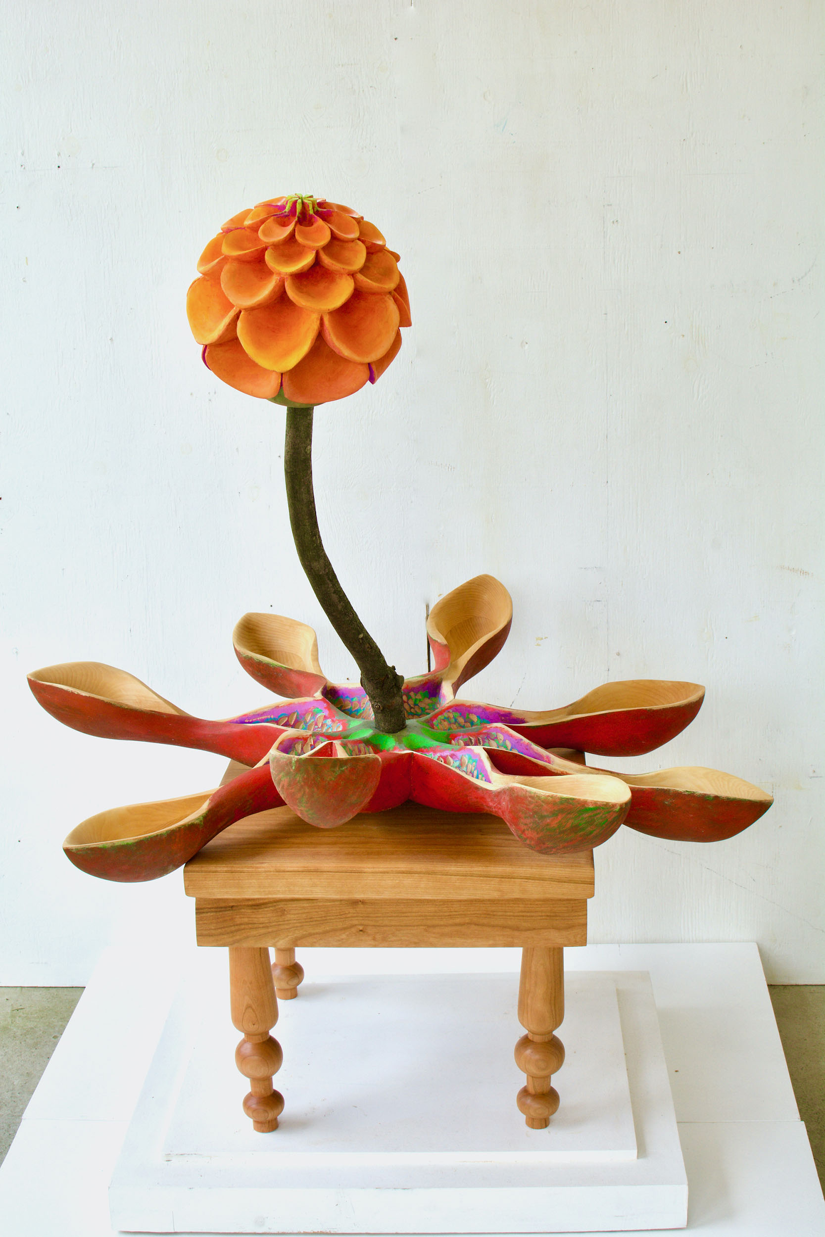 "Wild Flower" 2025, Cherry, American Linden Wood, Gouache, Acrylic, 42 x 36 x 36 inches