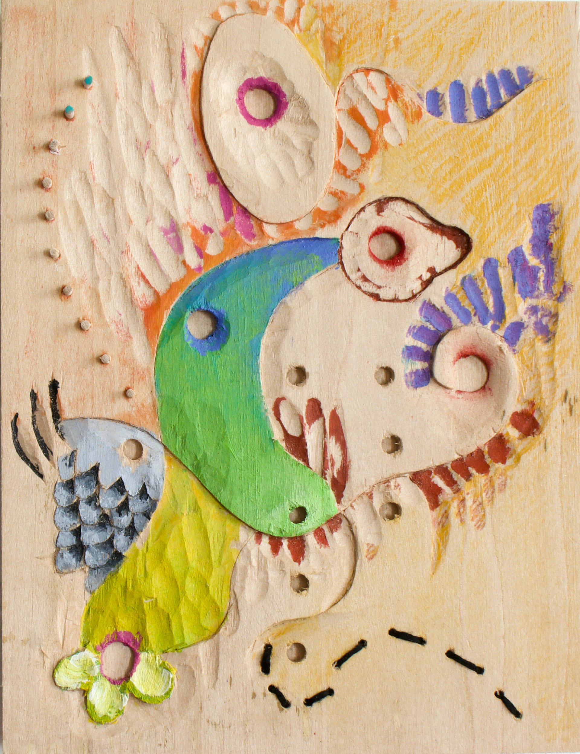 "Aqueous" 2025, American Linden Wood, Maple Embroidery Thread, 7.5 x 5.5 inches