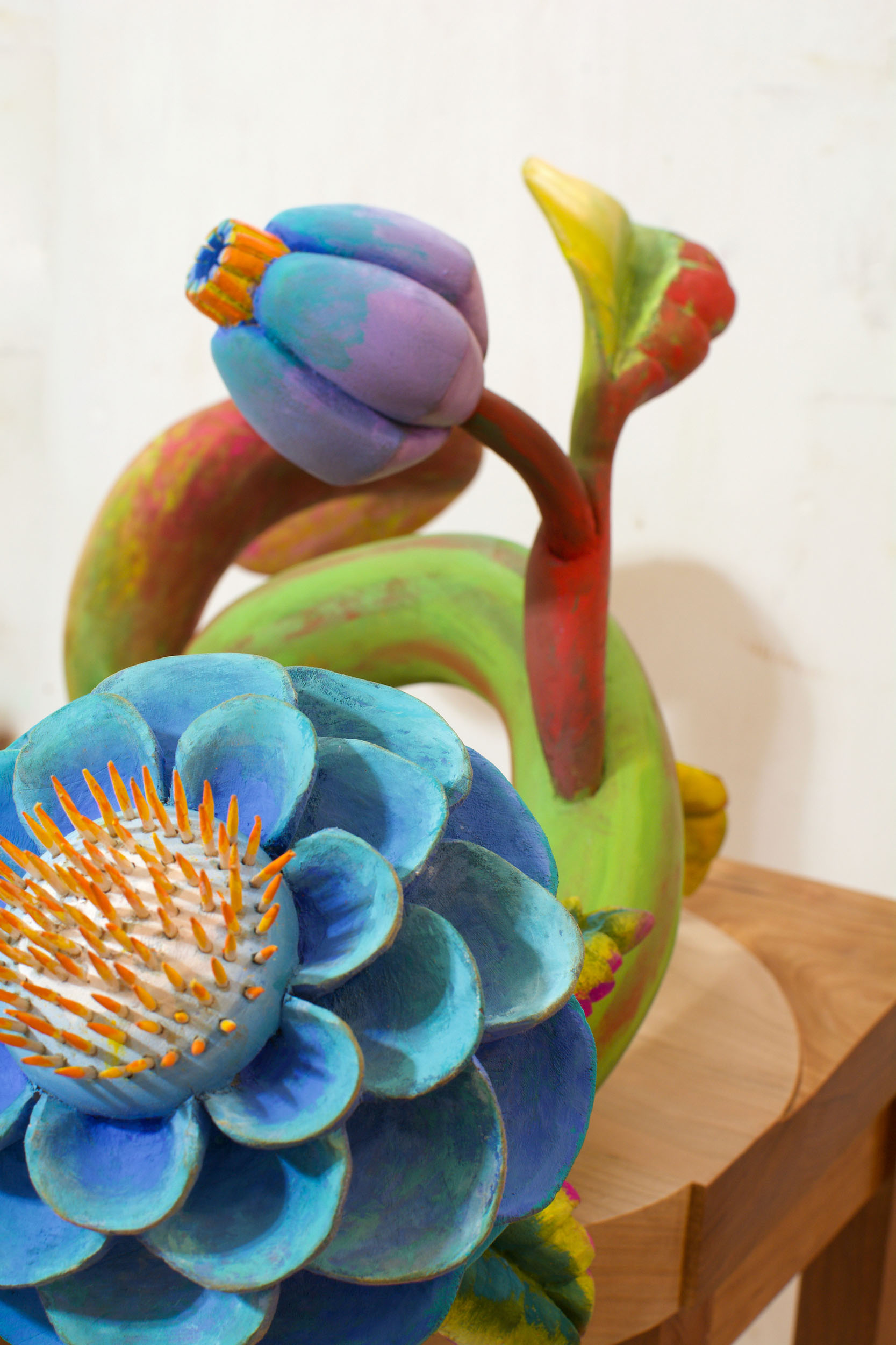 "Watermelon Green" (DETAIL) 2023, Cherry Wood, American Linden Wood, Maple Gouache, 48 x 27 x 24 inches