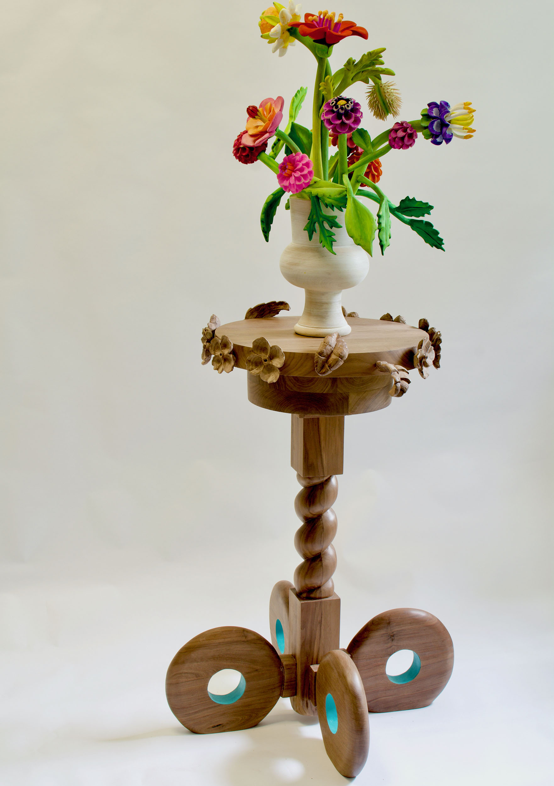 "I Love Flowers" 2022, Walnut Wood, Maple Wood, American Linden, Gouache, 59 x 17 x 17 inches