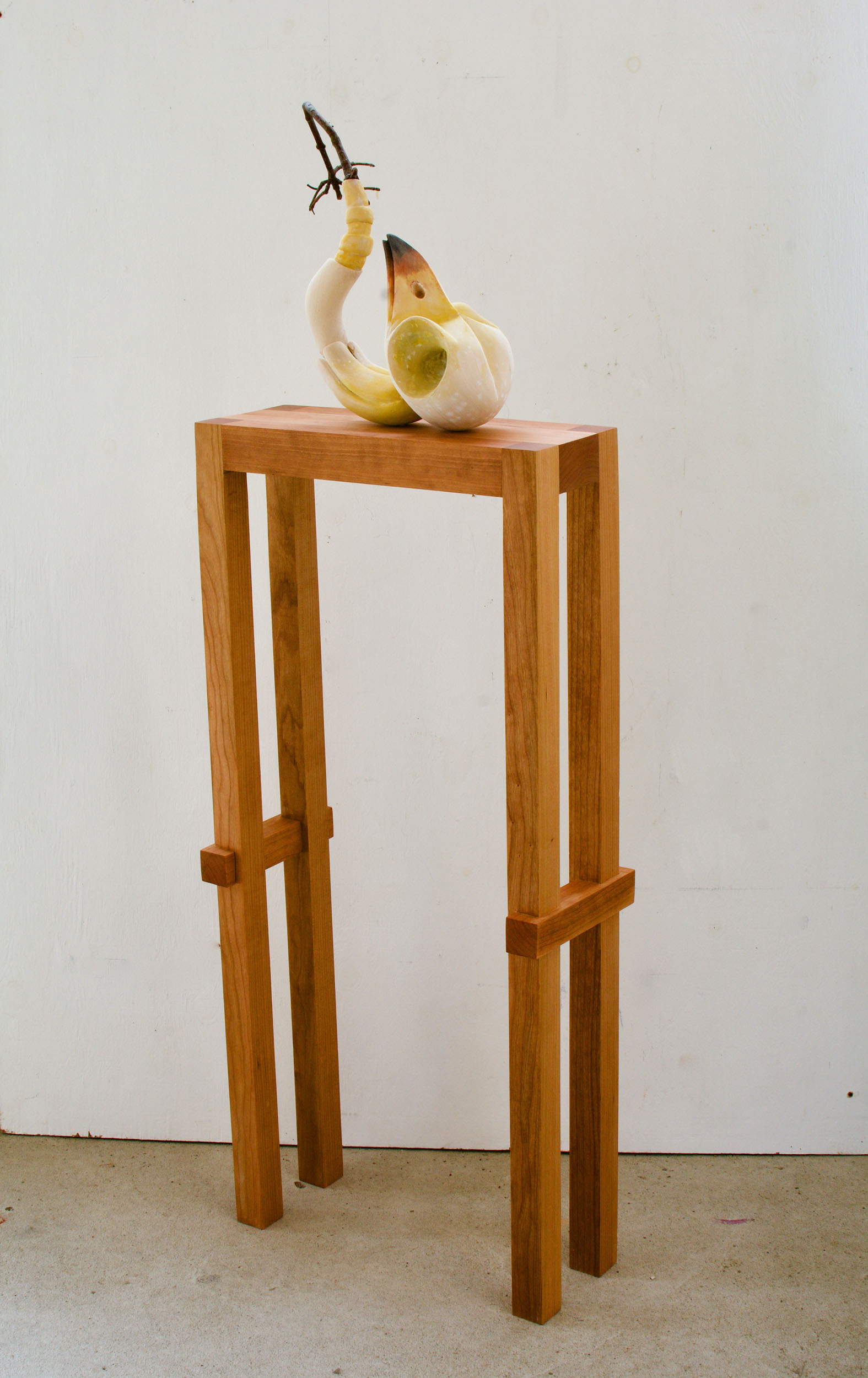 "Dead Bird Morphing" 2025, Cherry Wood, American Linden, Found Tree Limb, acrylic, 46 x 17 x 7 inches