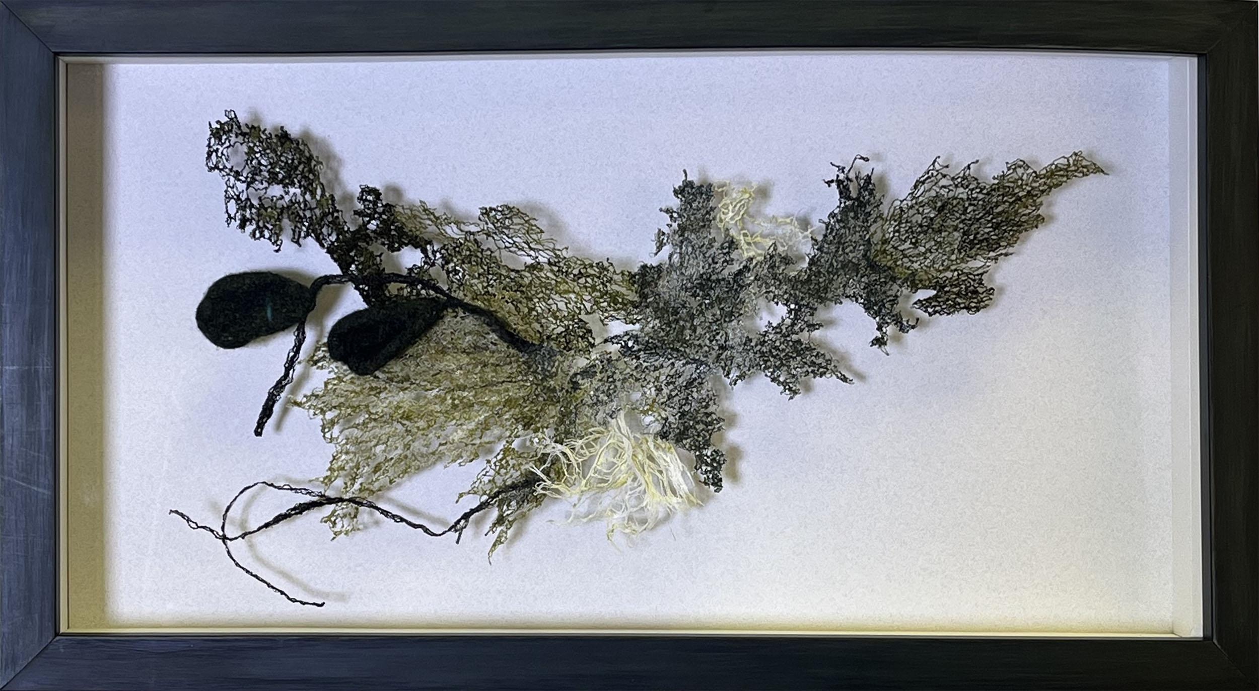 Take a Bough | 2024 rayon embroidery thread, Korean Hanji paper, felted sculptures, 11.5" x 21" x 3"