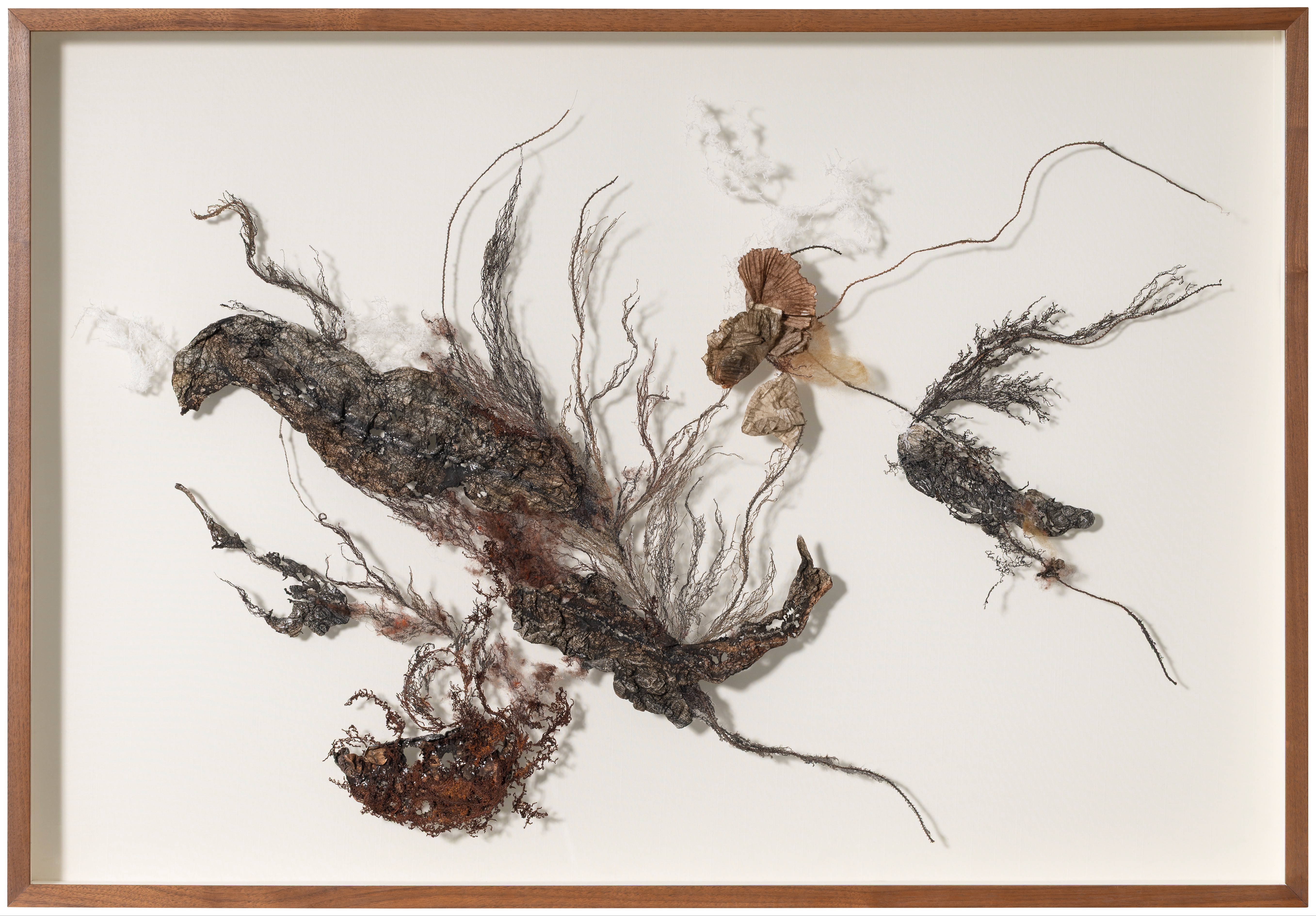 In A Barkly Manner | 2024, rayon embroidery thread, jute, fabric Tyvek, Keurig coffee filters, roving, dryer lint