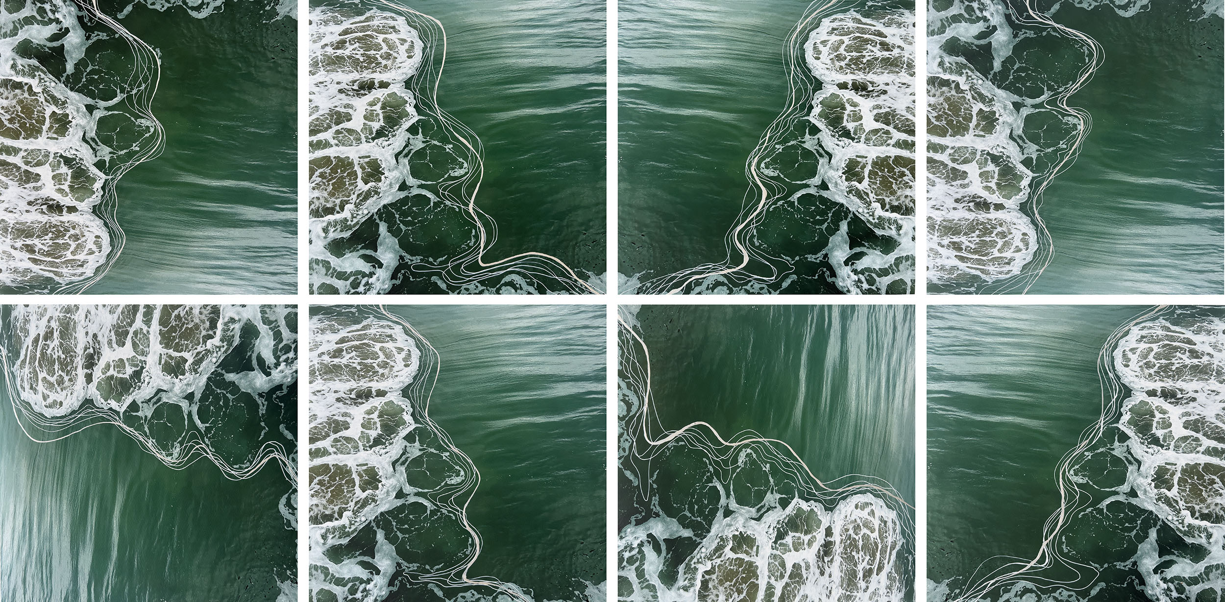 Pacific Reconstructed | Pigment Ink Print on Archival Paper with Paint Marker and Acrylic Ink 32” x 64” (individual images are 16” x 16”)